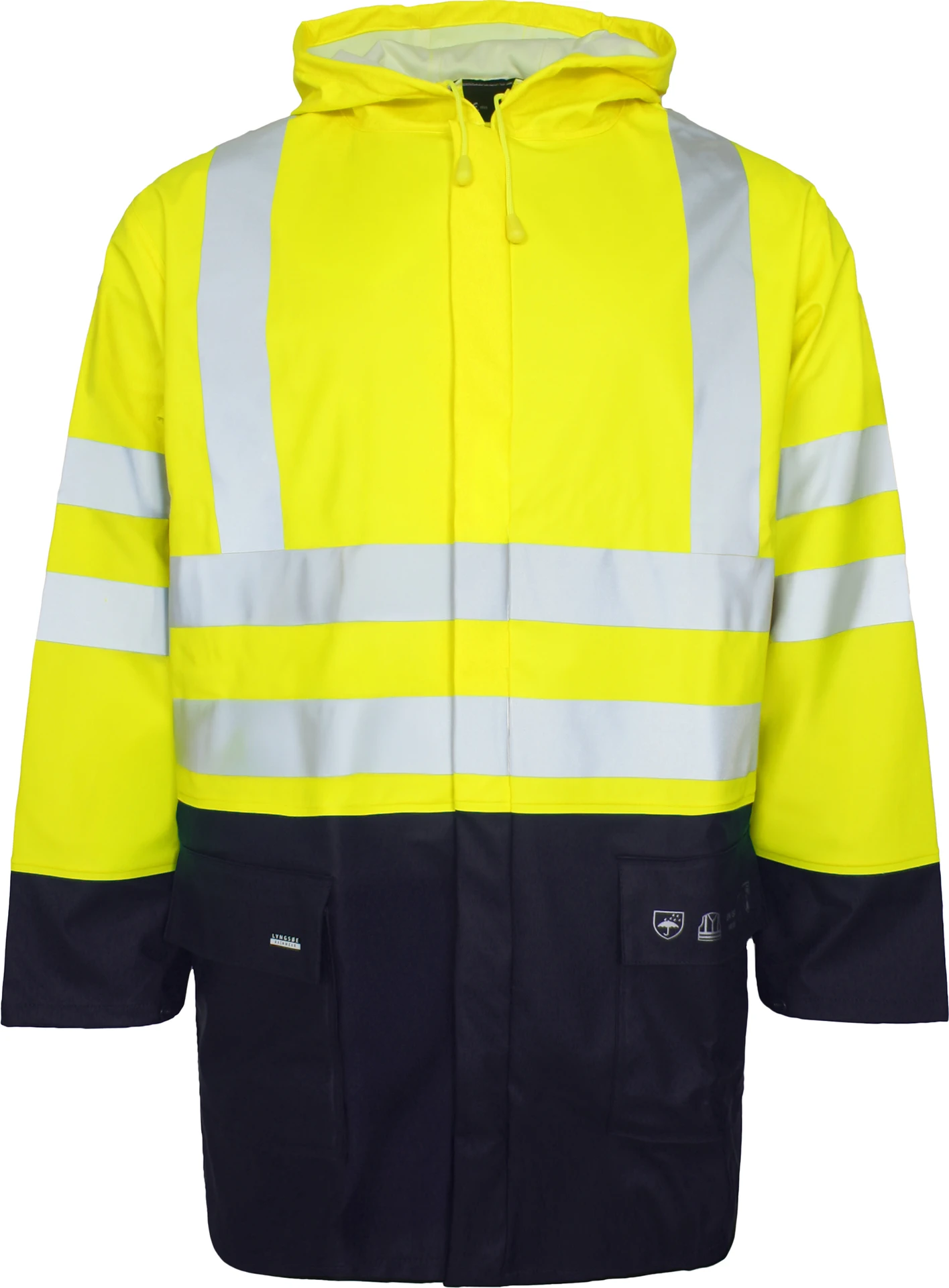 lyngsoe-fr-lr6055-flammhemmende-hi-vis-regenjacke-leuchtgelb-navy-front-1 Lyngsøe FR-LR6055 Flammhemmende Hi-Vis Regenjacke