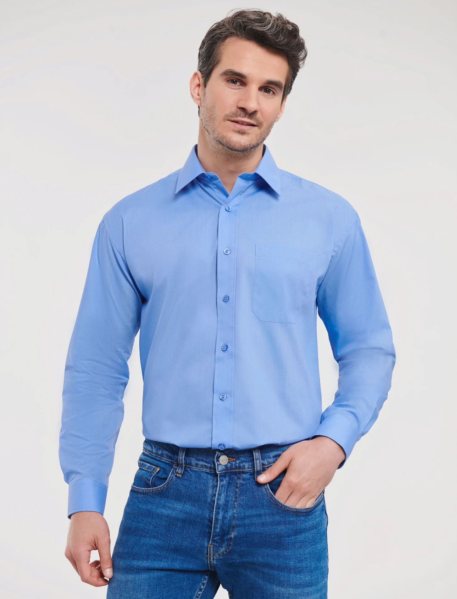 russell-r934m-mens-ls-poly-cotton-easy-care-poplin-shirt-corporateblue-model-1 Russell Men's Long Sleeve Polycotton Easy Care Poplin Shirt