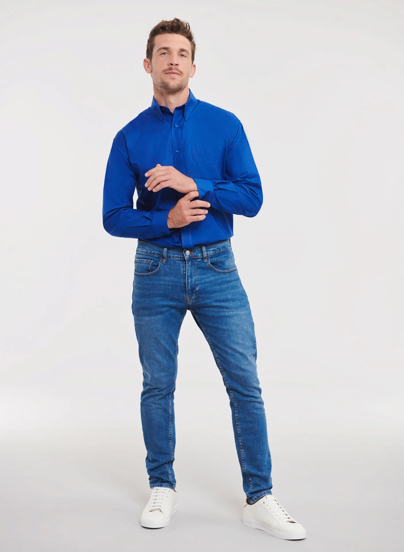 russell-r932m-mens-ls-easy-care-oxford-shirt-brightroyal-model-1 Russell Men's Long Sleeve Easy Care Oxford Shirt