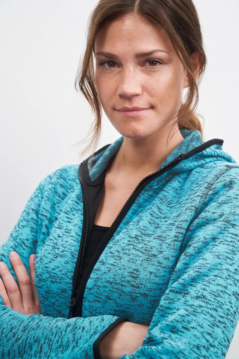 jn588-ladies-knitted-fleece-hoody-bluemelange-model-0 James & Nicholson Ladies Knitted Fleece Hoody