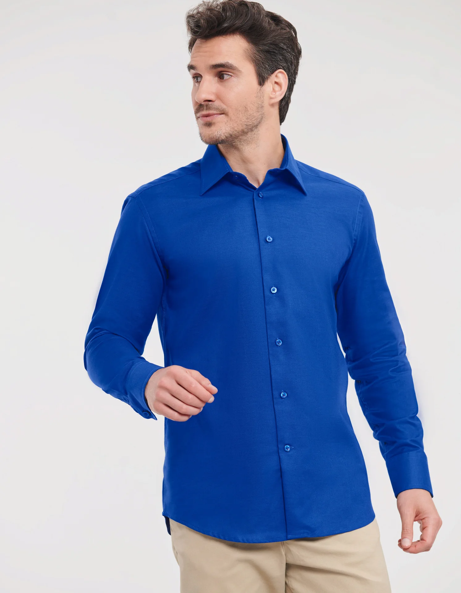russell-r922m-mens-ls-easy-care-tailored-oxford-shirt-brightroyal-model-1 Russell Men's Long Sleeve Easy Care Tailored Oxford Shirt