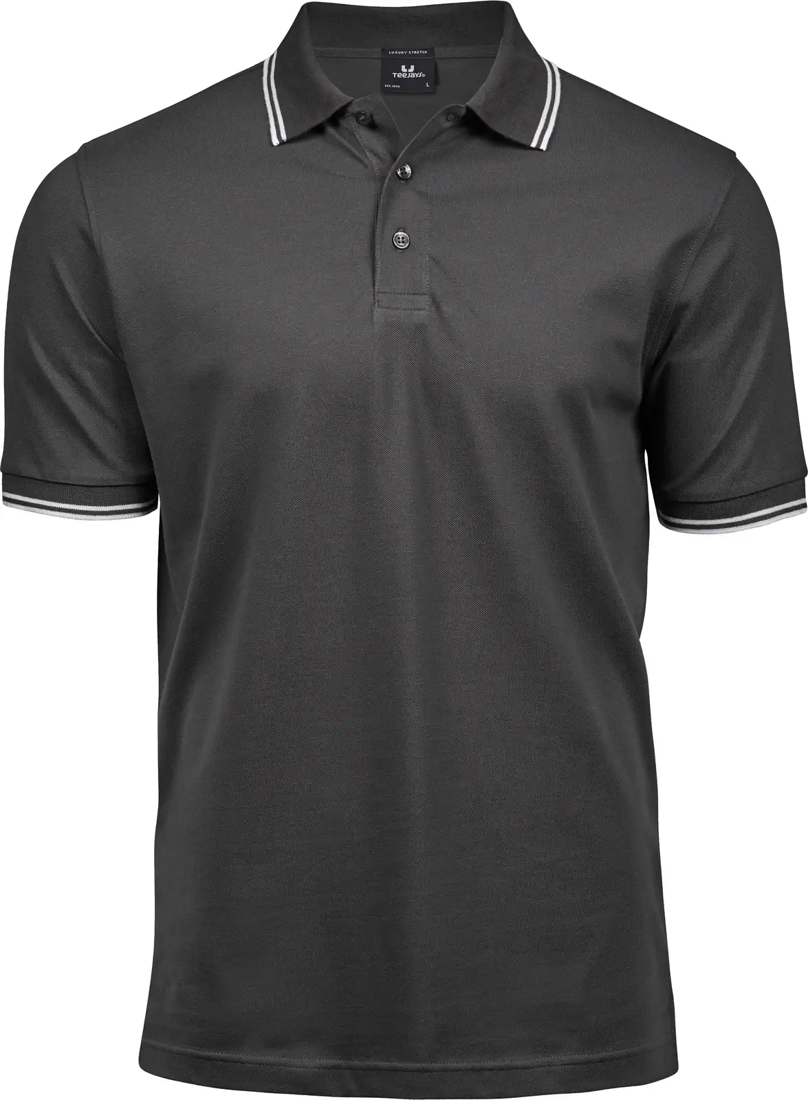 tee-jays-1407-mens-luxury-stripe-stretch-poloshirt-darkgrey-white-front-1 Tee Jays Men's Luxury Stripe Stretch Polo