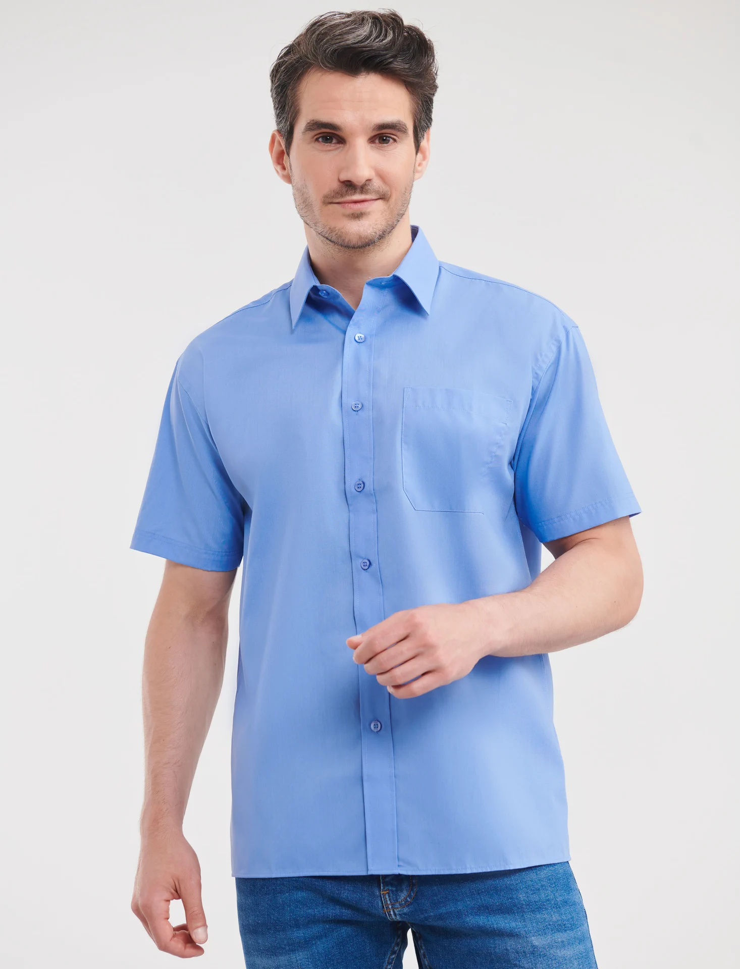 russell-r935m-mens-short-sleeve-poly-cotton-easy-care-poplin-shirt-corporateblue-model-1 Russell Men's Short Sleeve Polycotton Easy Care Poplin Shirt