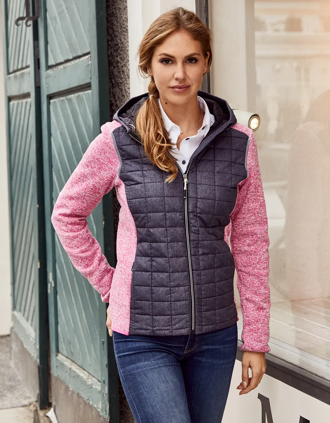 jn771-ladies-knitted-hybrid-jacket-model-0 James & Nicholson Ladies Knitted Hybrid Jacket