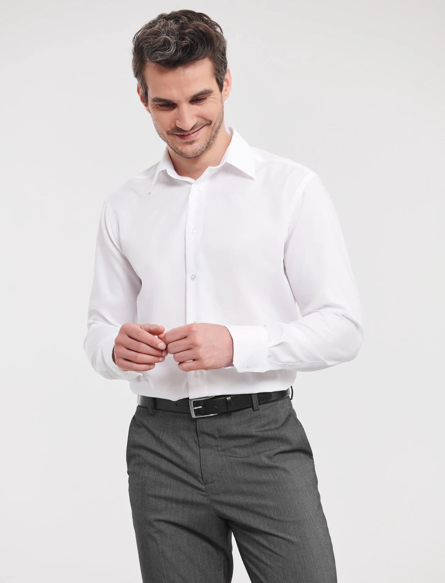 russell-r958m-mens-ls-tailored-ultimate-non-iron-shirt-white-model-1 Russell Men's Long Sleeve Tailored Ultimate Non-iron Shirt