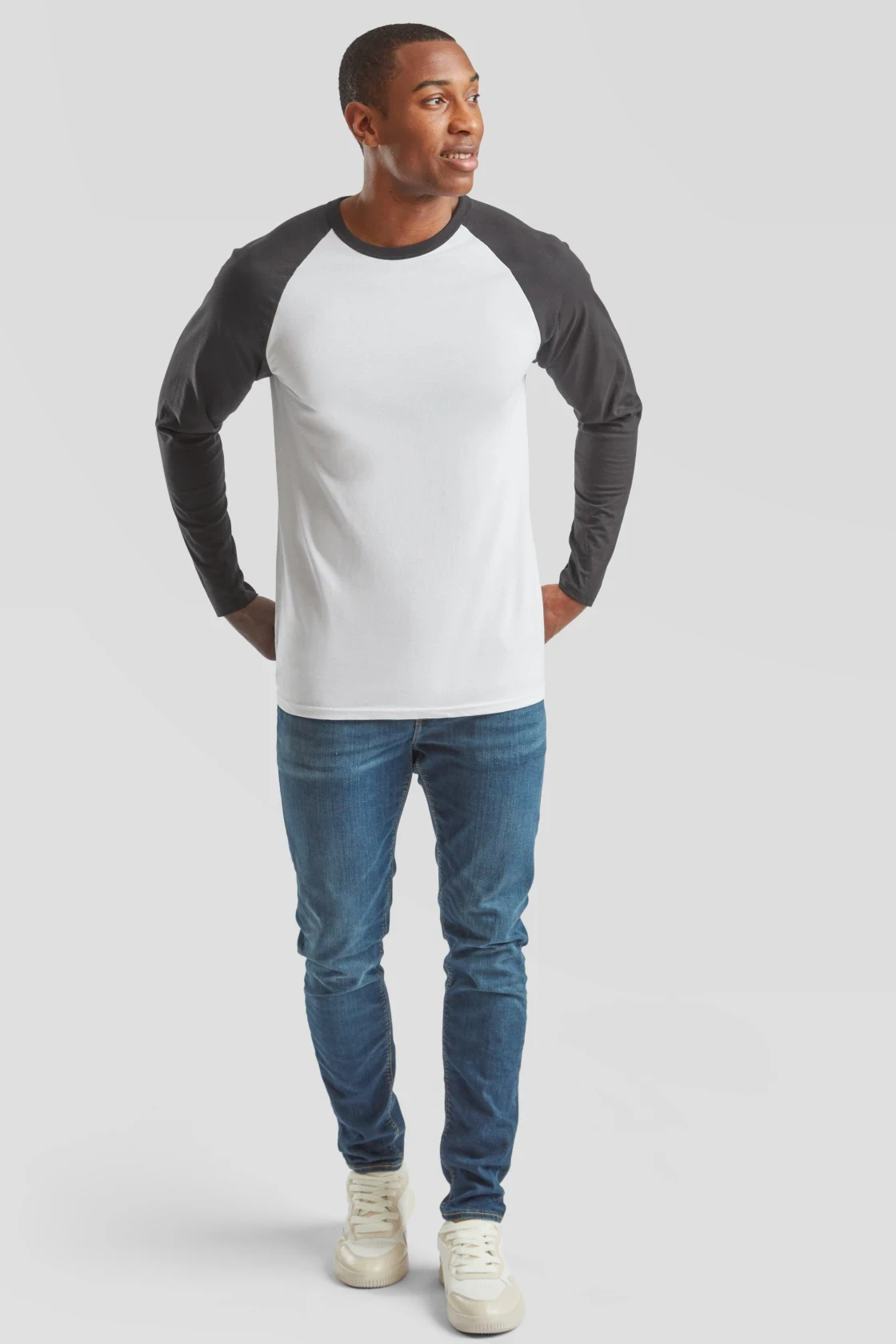 fruit-of-the-loom-61-028-0-valueweight-long-sleeve-baseball-t-shirt-white-black-model-3 F.O.L. Long Sleeve Baseball T