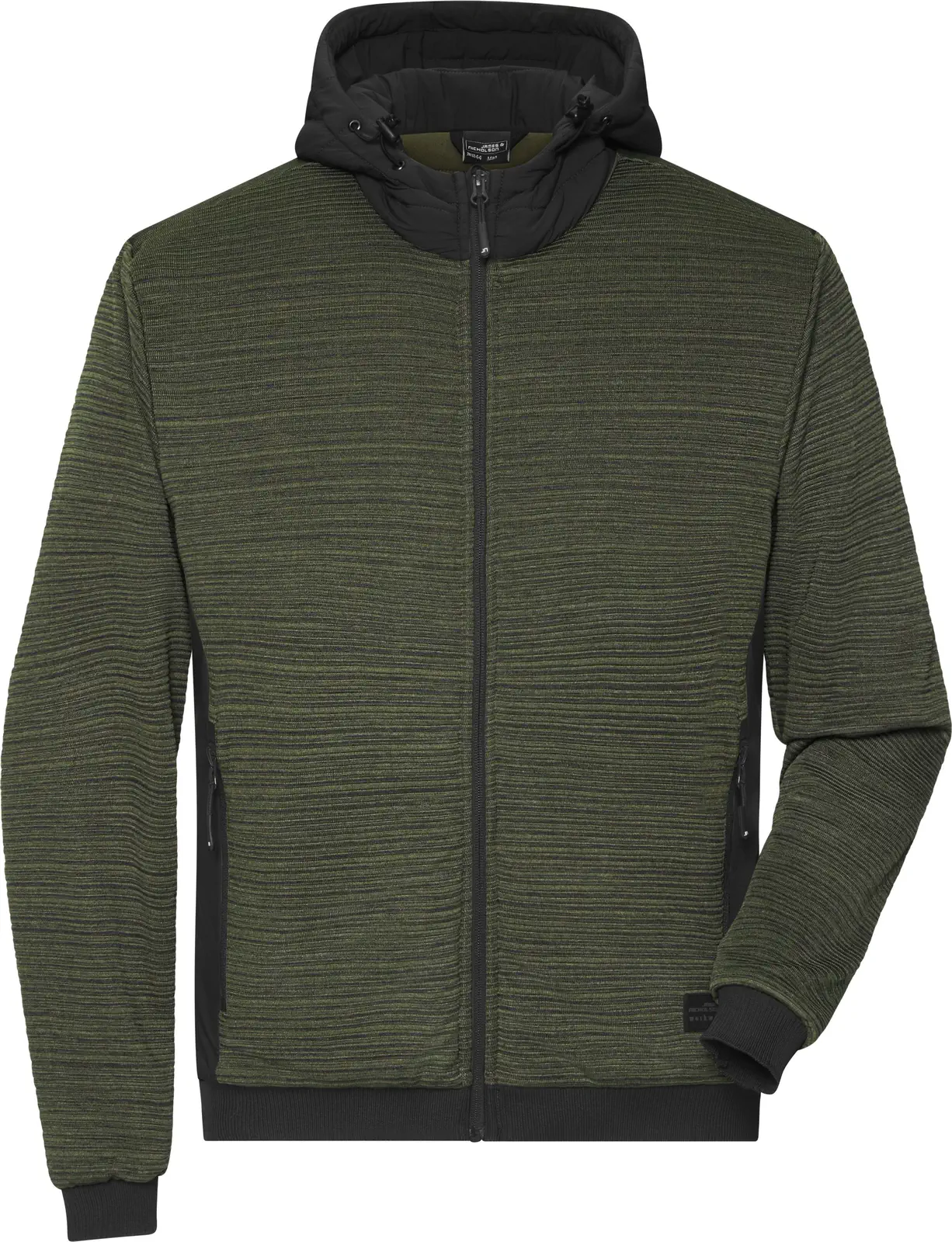 jn1844-mens-padded-hybrid-jacket-olivemelange-black-front-3 James & Nicholson Men's Padded Hybrid Jacket