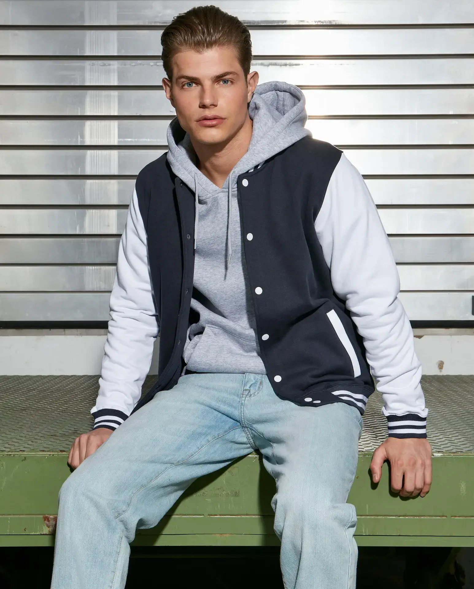 BYB-BB004-basic-college-jacket-navy-white-model-0 Build Your Brand Basic College Jacket