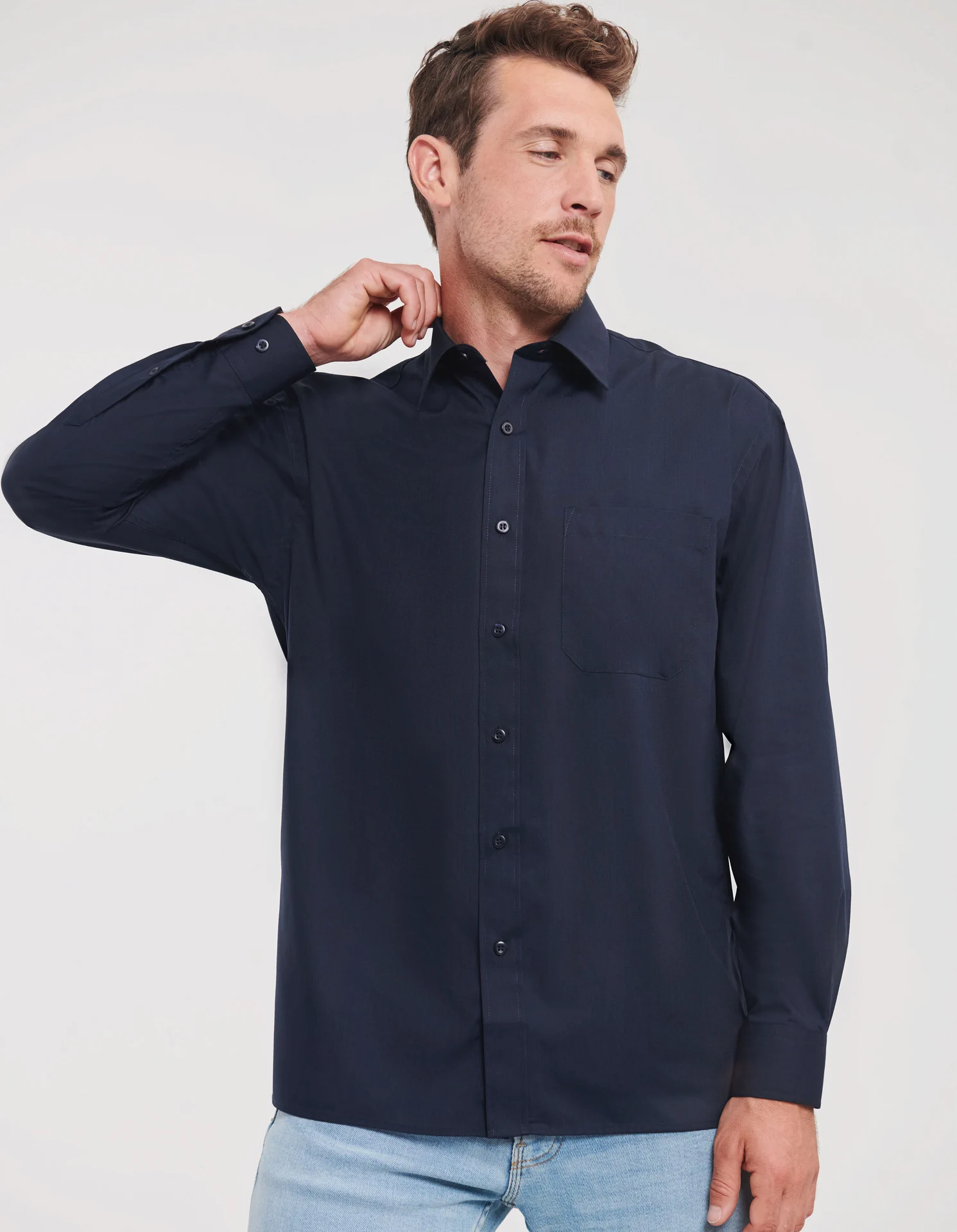 russell-r934m-mens-ls-poly-cotton-easy-care-poplin-shirt-frenchnavy-model-1 Russell Men's Long Sleeve Polycotton Easy Care Poplin Shirt