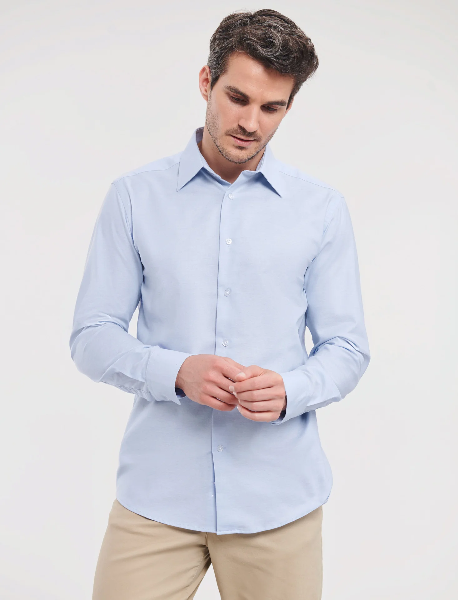 russell-r922m-mens-ls-easy-care-tailored-oxford-shirt-oxfordblue-model-1 Russell Men's Long Sleeve Easy Care Tailored Oxford Shirt