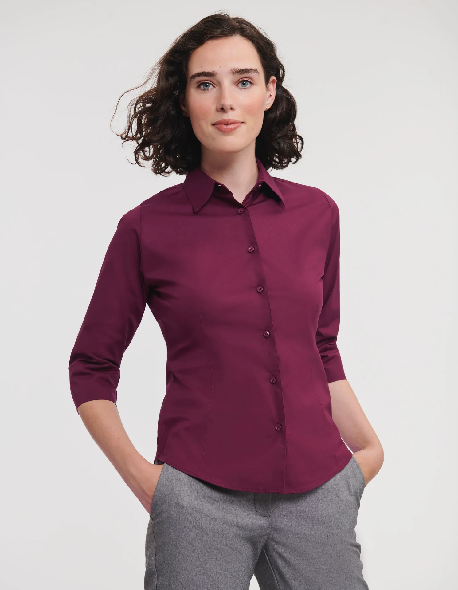 russell-r946f-ladies-ls-easy-care-fitted-shirt-port-model-1 Russell Ladies Long Sleeve Easy Care Fitted Shirt