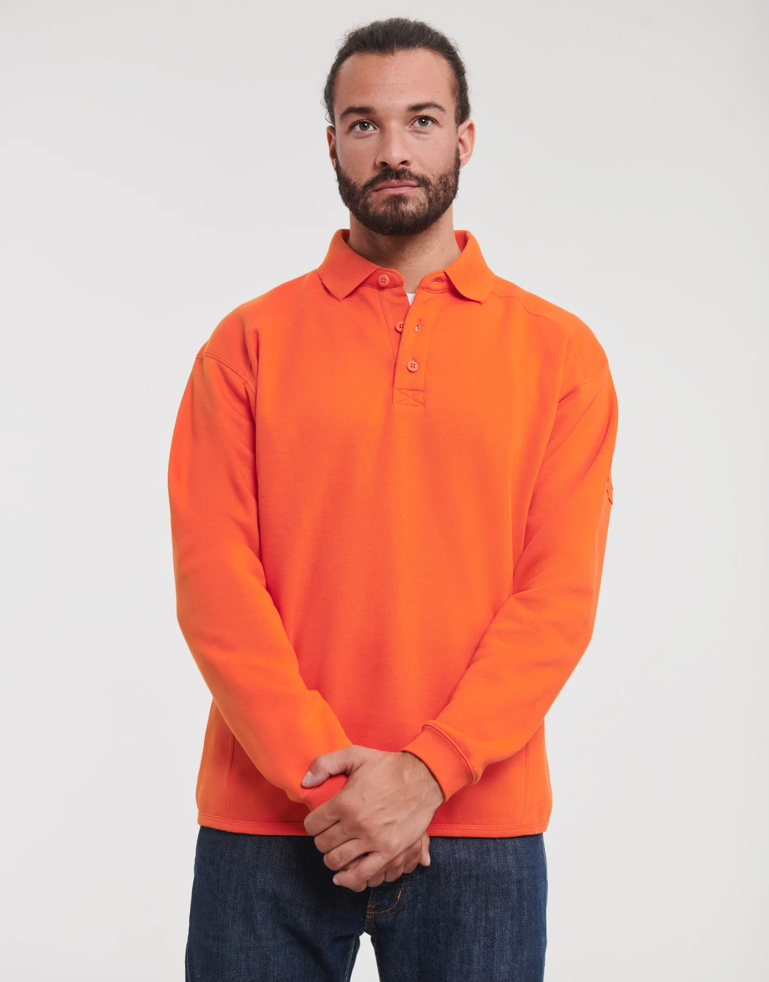 russell-r012m-adults-heavy-duty-collar-sweatshirt-orange-model-1 Russell Heavy Duty Workwear Collar Sweatshirt