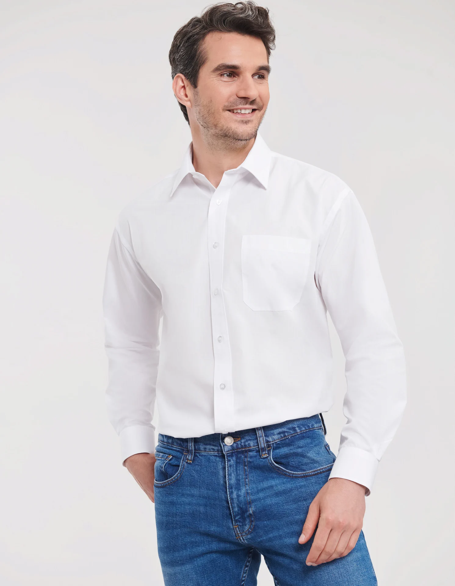 russell-r934m-mens-ls-poly-cotton-easy-care-poplin-shirt-white-model-1 Russell Men's Long Sleeve Polycotton Easy Care Poplin Shirt
