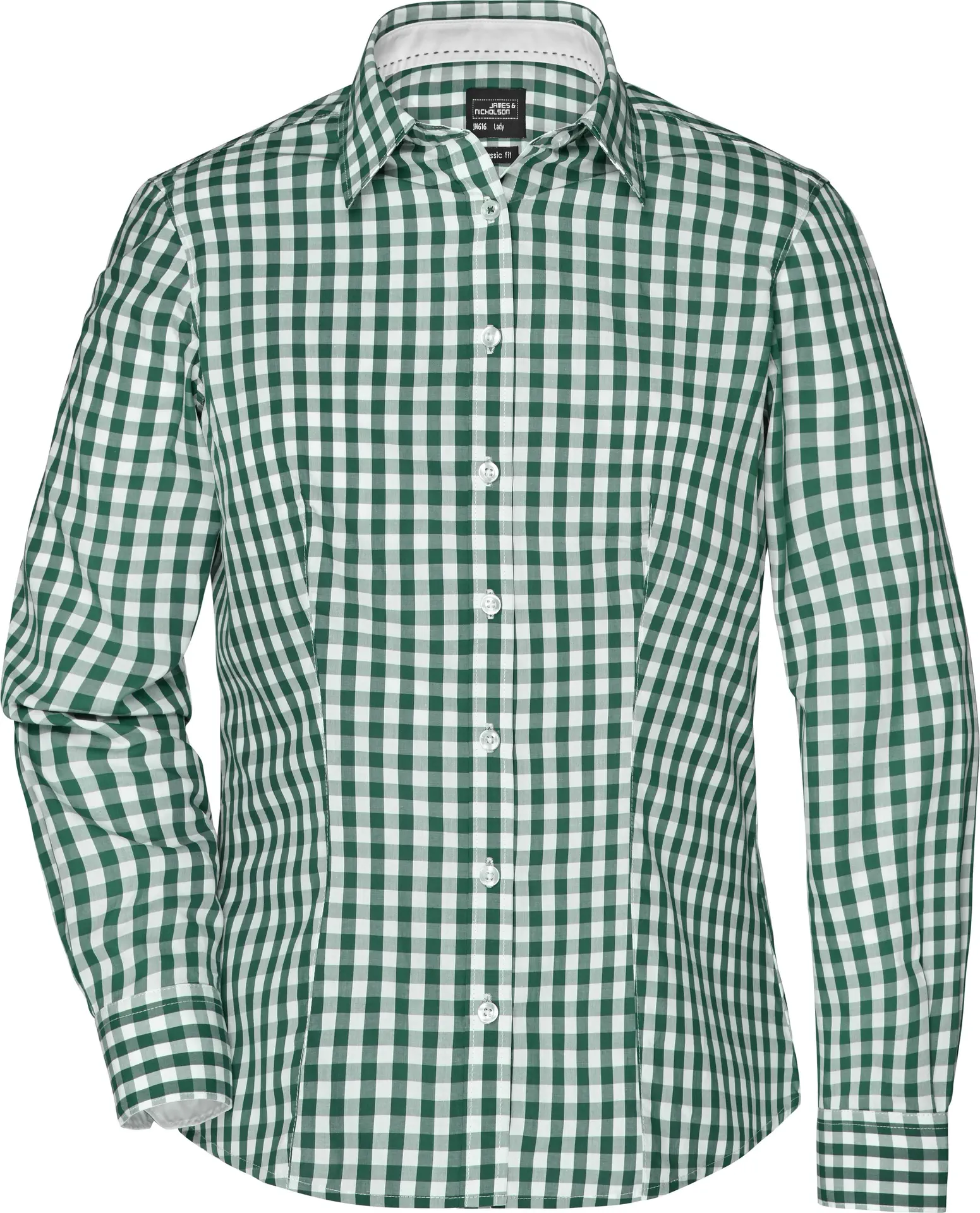 jn616-ladies-checked-blouse-forestgreen-white-front-3 James & Nicholson Ladies Checked Blouse