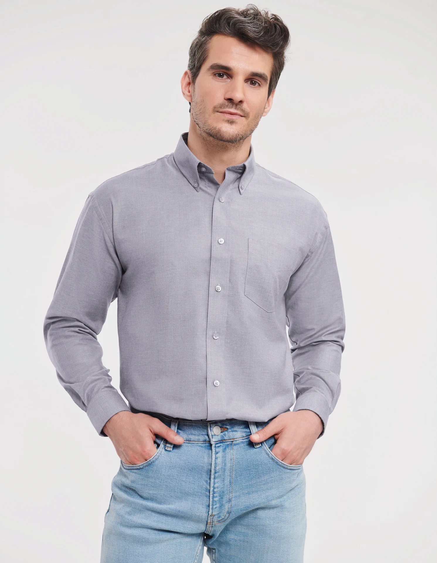 russell-r932m-mens-ls-easy-care-oxford-shirt-silver-model-1 Russell Men's Long Sleeve Easy Care Oxford Shirt