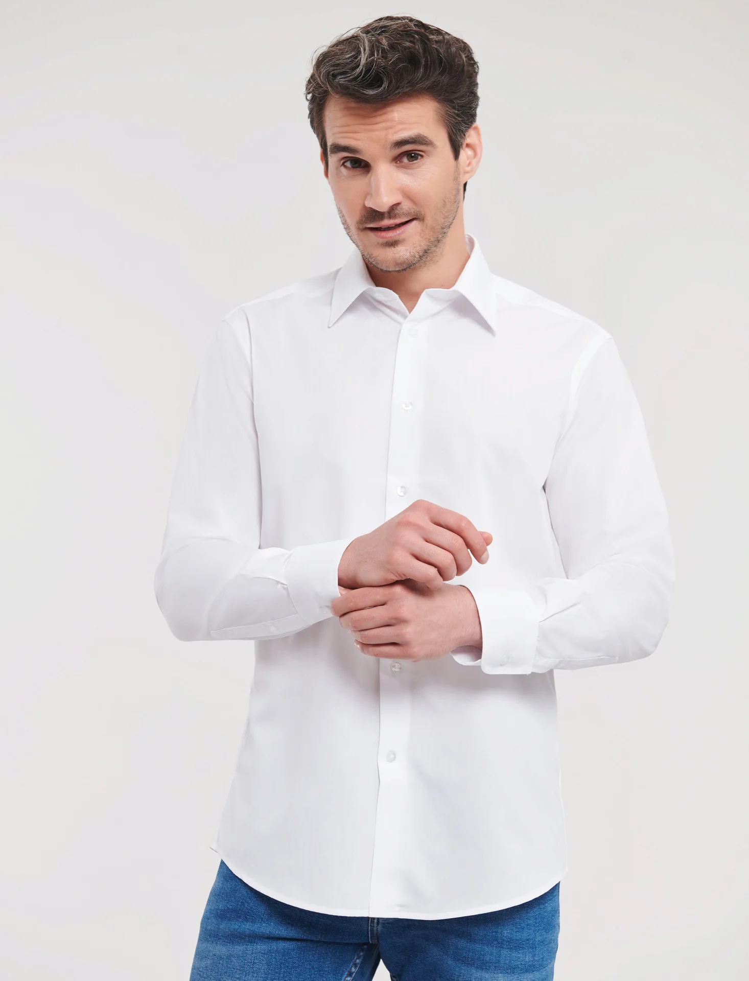 russell-r924m-mens-ls-poly-cotton-easy-care-tailored-poplin-shirt-white-model-1 Russell Men's Long Sleeve Polycotton Easy Care Tailored Poplin Shirt