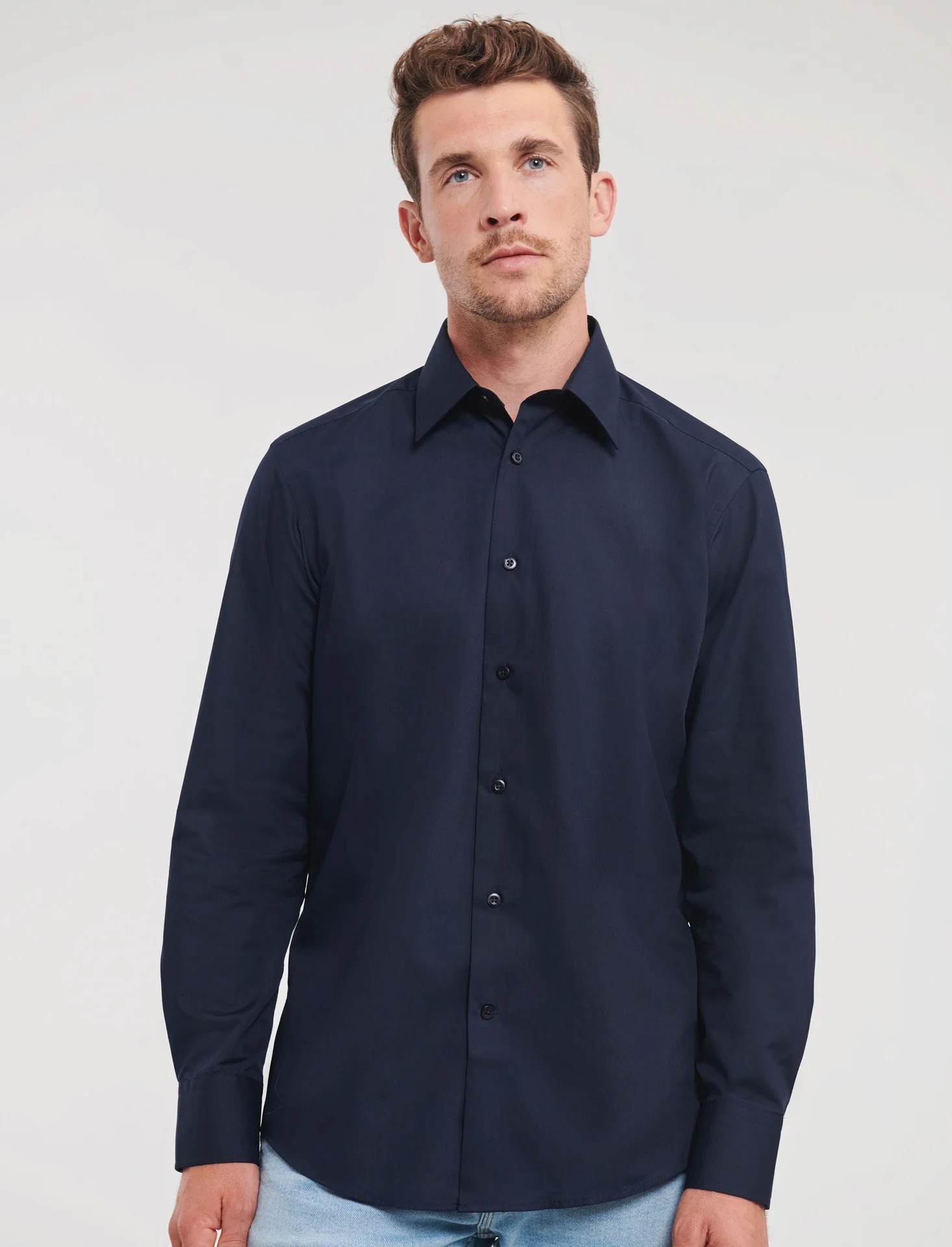 russell-r924m-mens-ls-poly-cotton-easy-care-tailored-poplin-shirt-frenchnavy-model-1 Russell Men's Long Sleeve Polycotton Easy Care Tailored Poplin Shirt