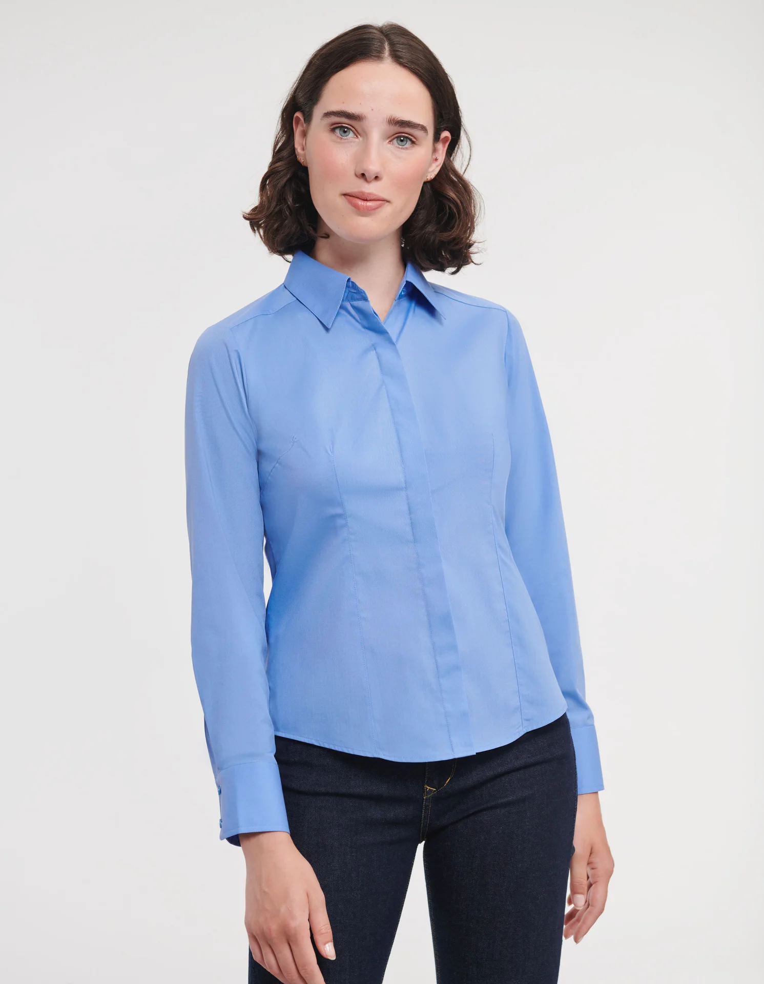 russell-r924f-ladies-ls-poly-cotton-easy-care-fitted-poplin-shirt-corporateblue-model-1 Russell Ladies Long Sleeve Polycotton Easy Care Fitted Poplin Shirt