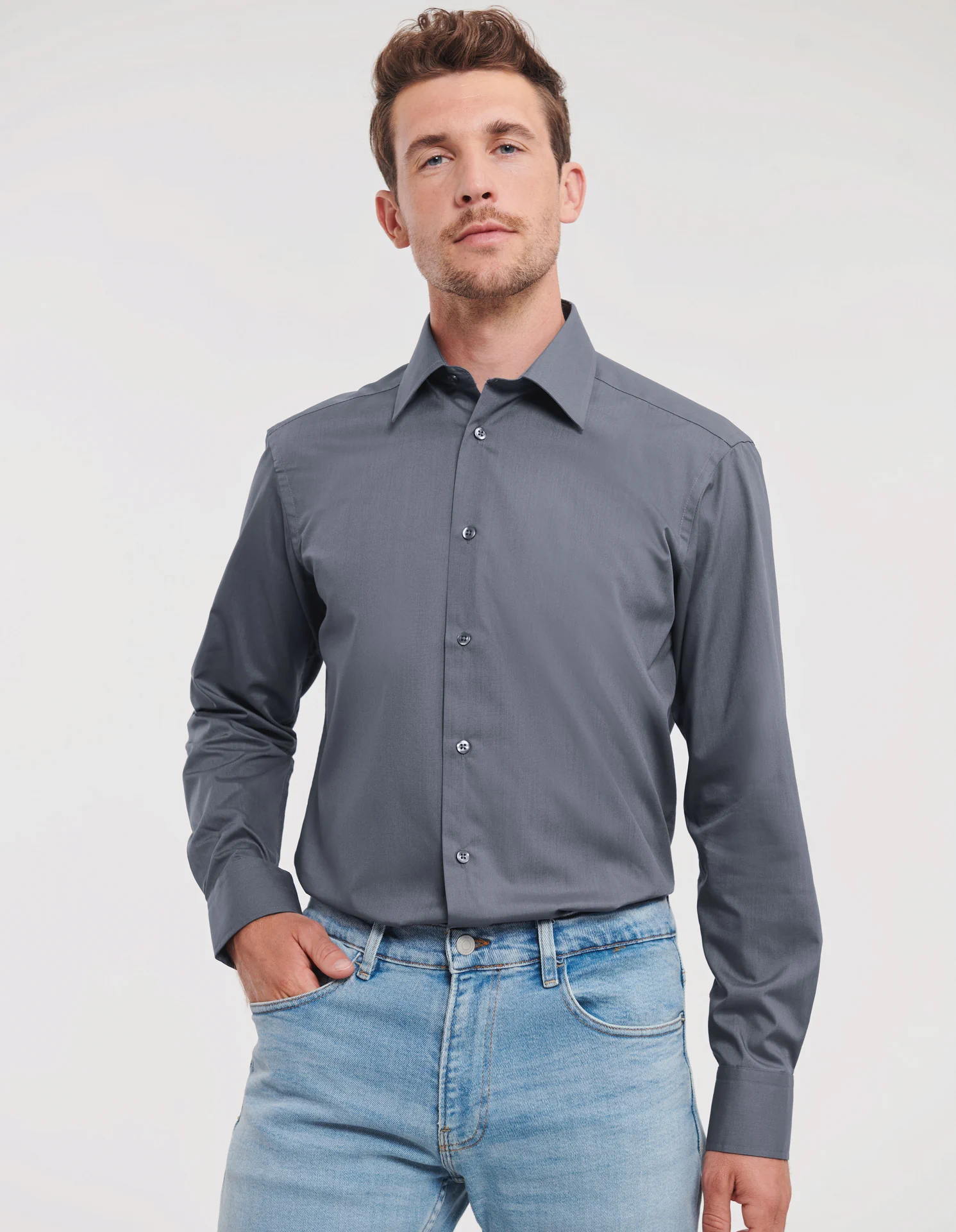 russell-r924m-mens-ls-poly-cotton-easy-care-tailored-poplin-shirt-convoygrey-model-1 Russell Men's Long Sleeve Polycotton Easy Care Tailored Poplin Shirt