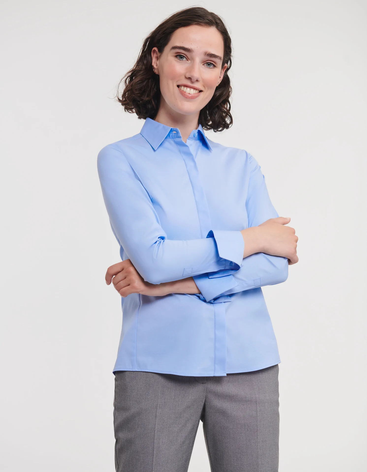 russell-r960f-ladies-ls-ultimate-stretch-shirt-brightsky-model-1 Russell Ladies Long Sleeve Ultimate Stretch Shirt