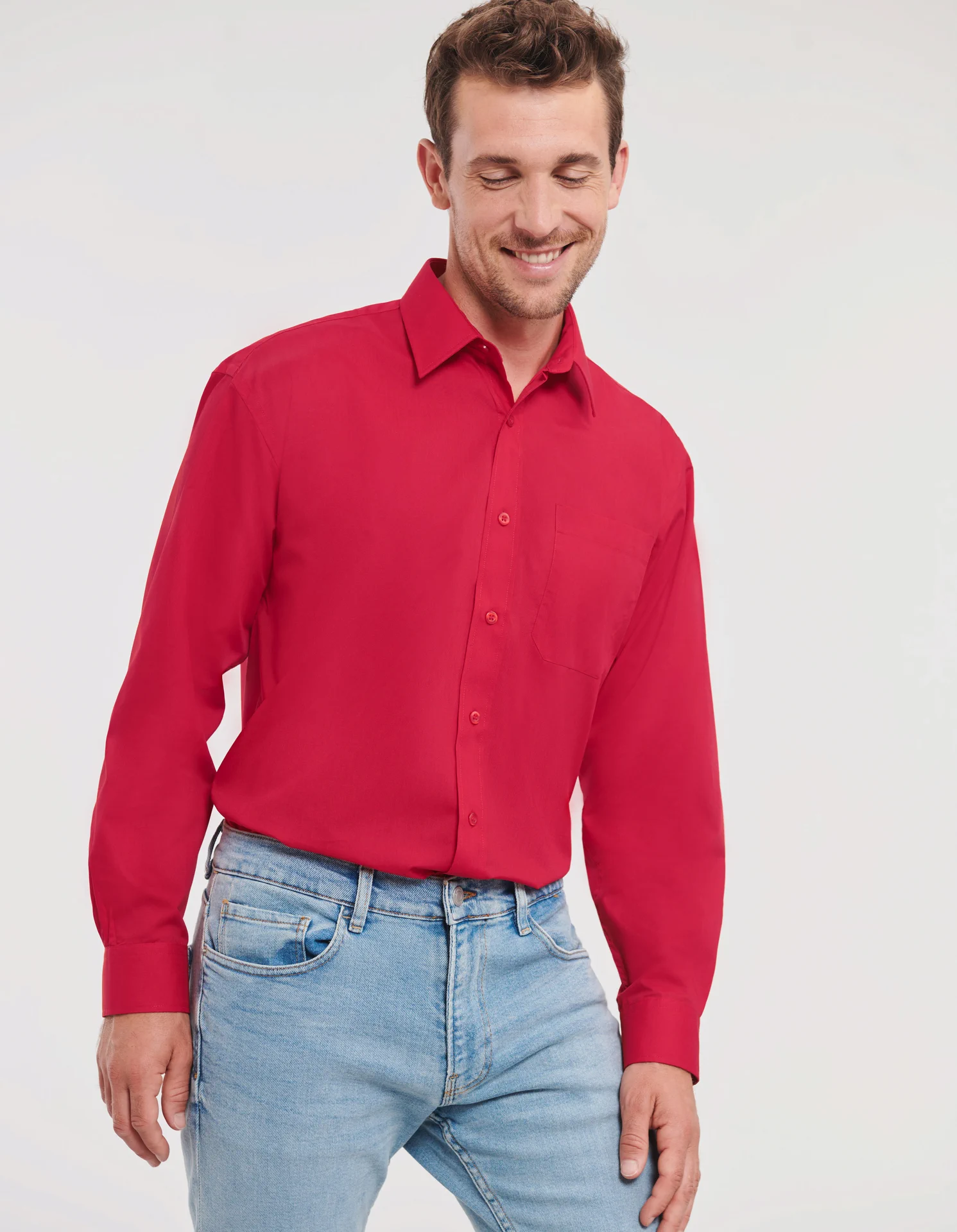 russell-r934m-mens-ls-poly-cotton-easy-care-poplin-shirt-classicred-model-1 Russell Men's Long Sleeve Polycotton Easy Care Poplin Shirt