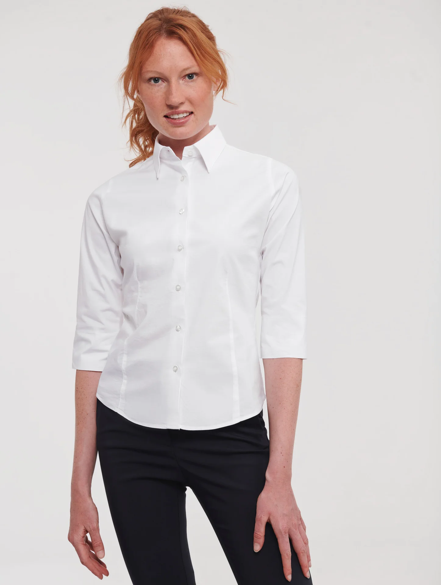 russell-r946f-ladies-ls-easy-care-fitted-shirt-white-model-1 Russell Ladies Long Sleeve Easy Care Fitted Shirt