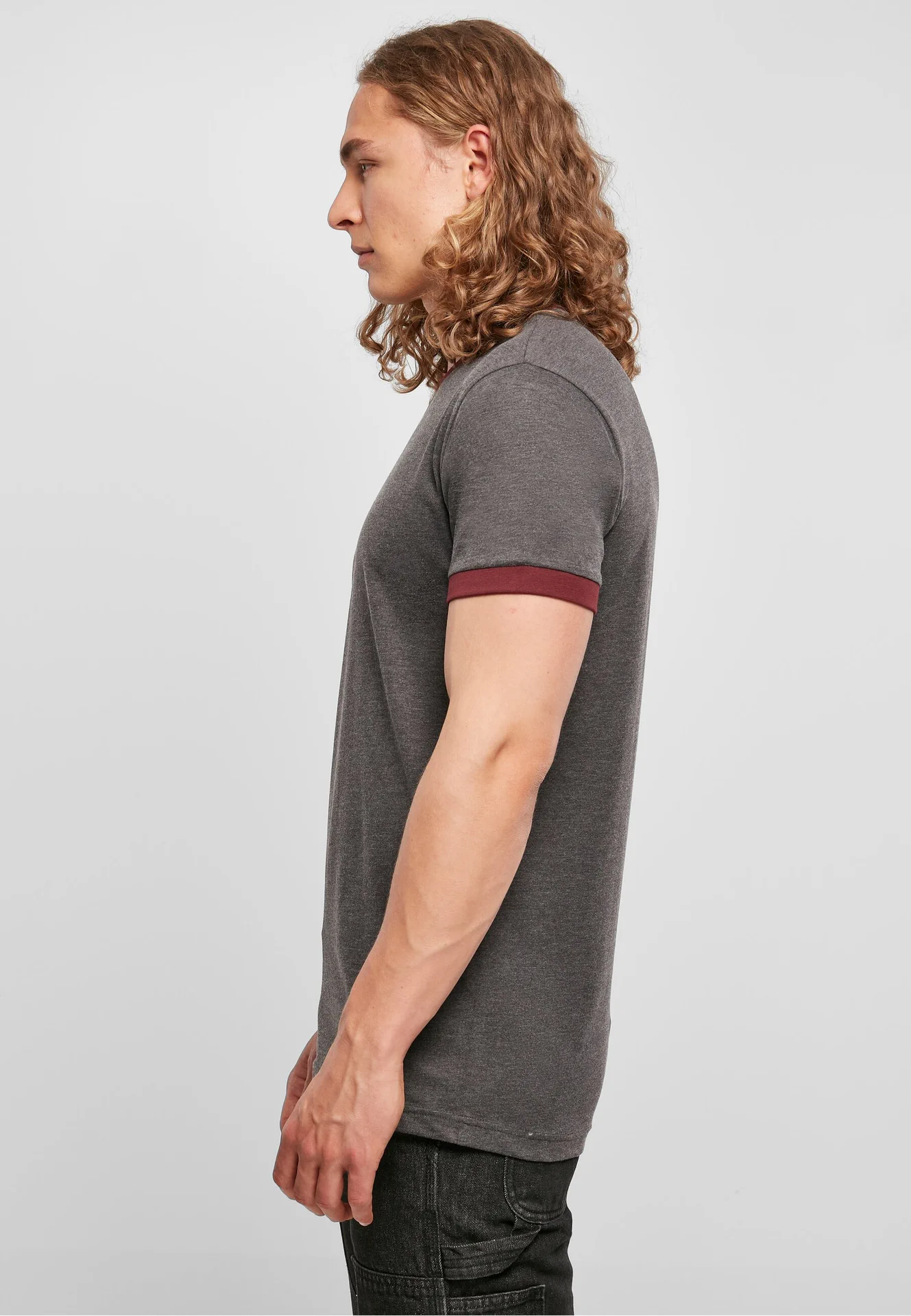 BYB-BB022-mens-ringer-t-shirt-charcoal-cherry-model-1 Build Your Brand Ringer Tee