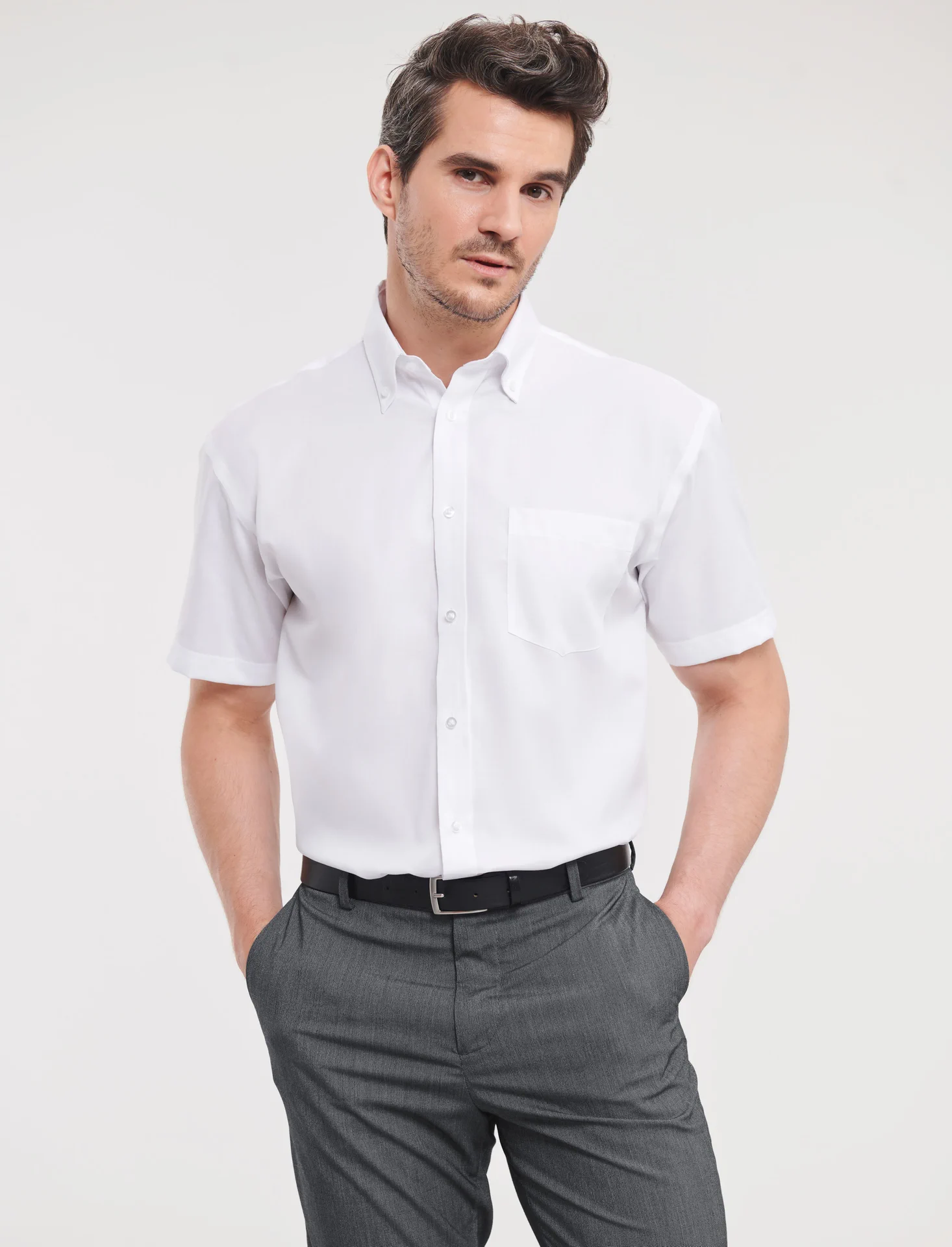 russell-r957m-mens-short-sleeve-ultimate-non-iron-shirt-white-model-1 Russell Men's Short Sleeve Ultimate Non-Iron Shirt