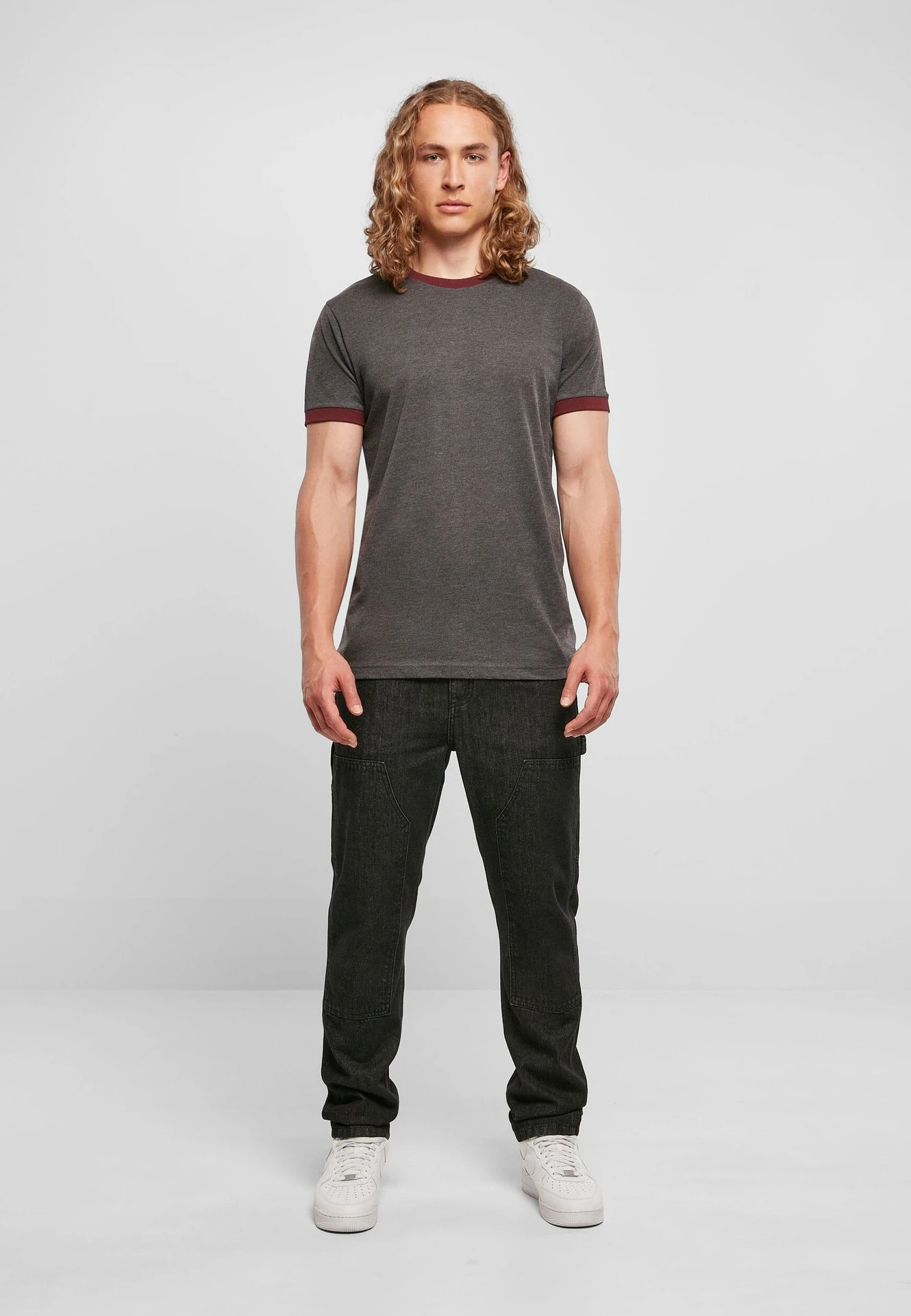 BYB-BB022-mens-ringer-t-shirt-charcoal-cherry-model-3 Build Your Brand Ringer Tee