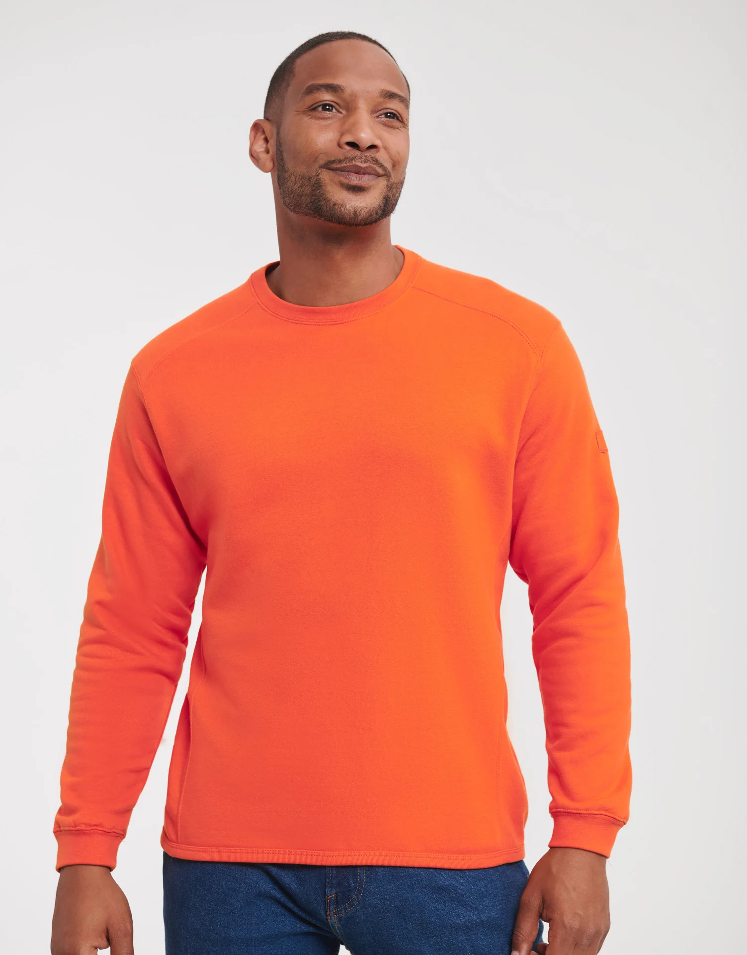 russell-r013m-adults-heavy-duty-crew-neck-sweatshirt-orange-model-1 Russell Heavy Duty Workwear Sweatshirt
