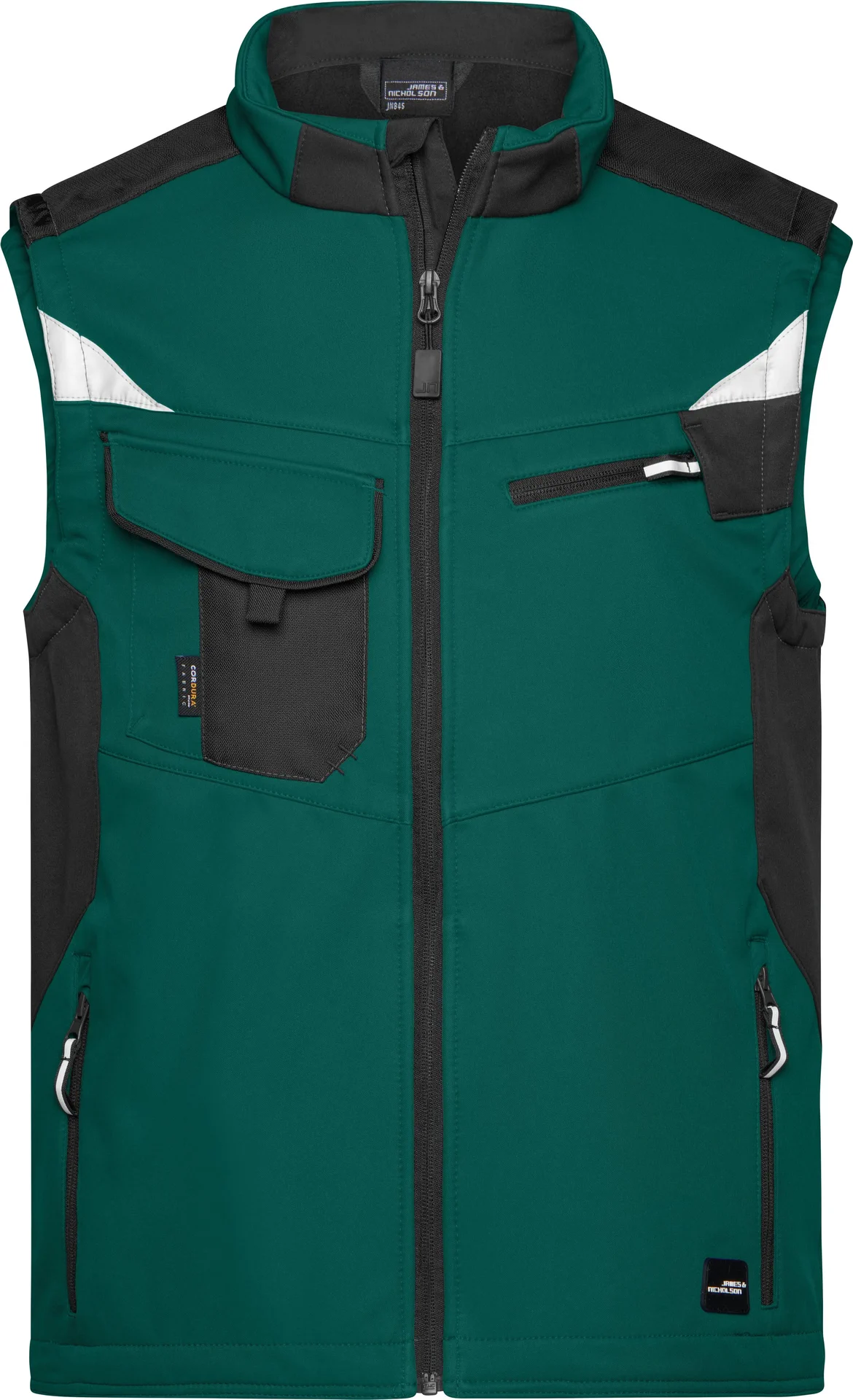 jn845-workwear-softshell-vest-darkgreen-black-front-3 James & Nicholson Workwear Softshell Vest -Strong-