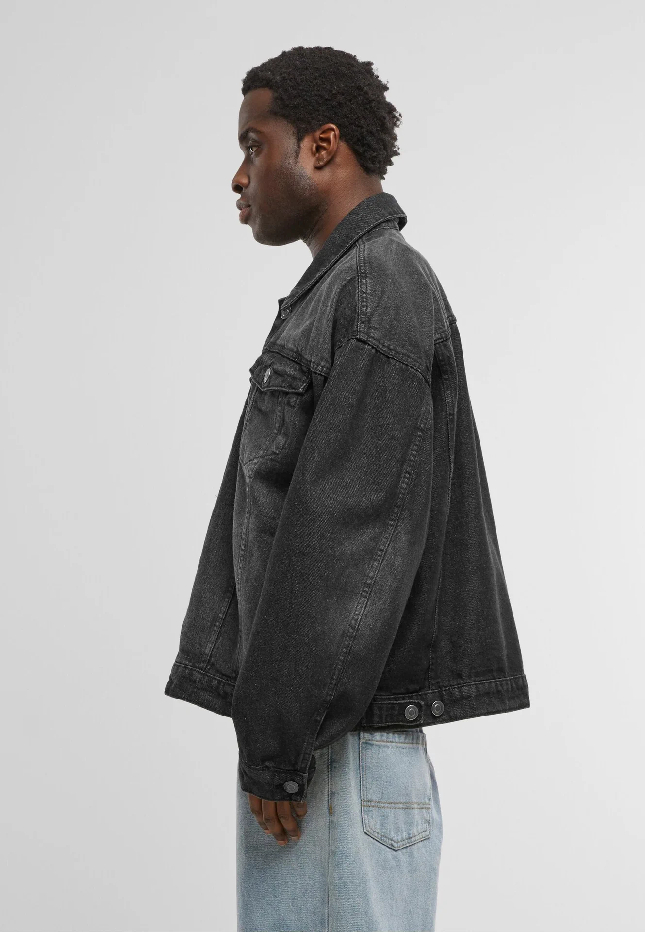 BYB-BY312-heavy-ounce-boxy-denim-jacket-black-model-1 Build Your Brand Heavy Ounce Boxy Denim Jacket