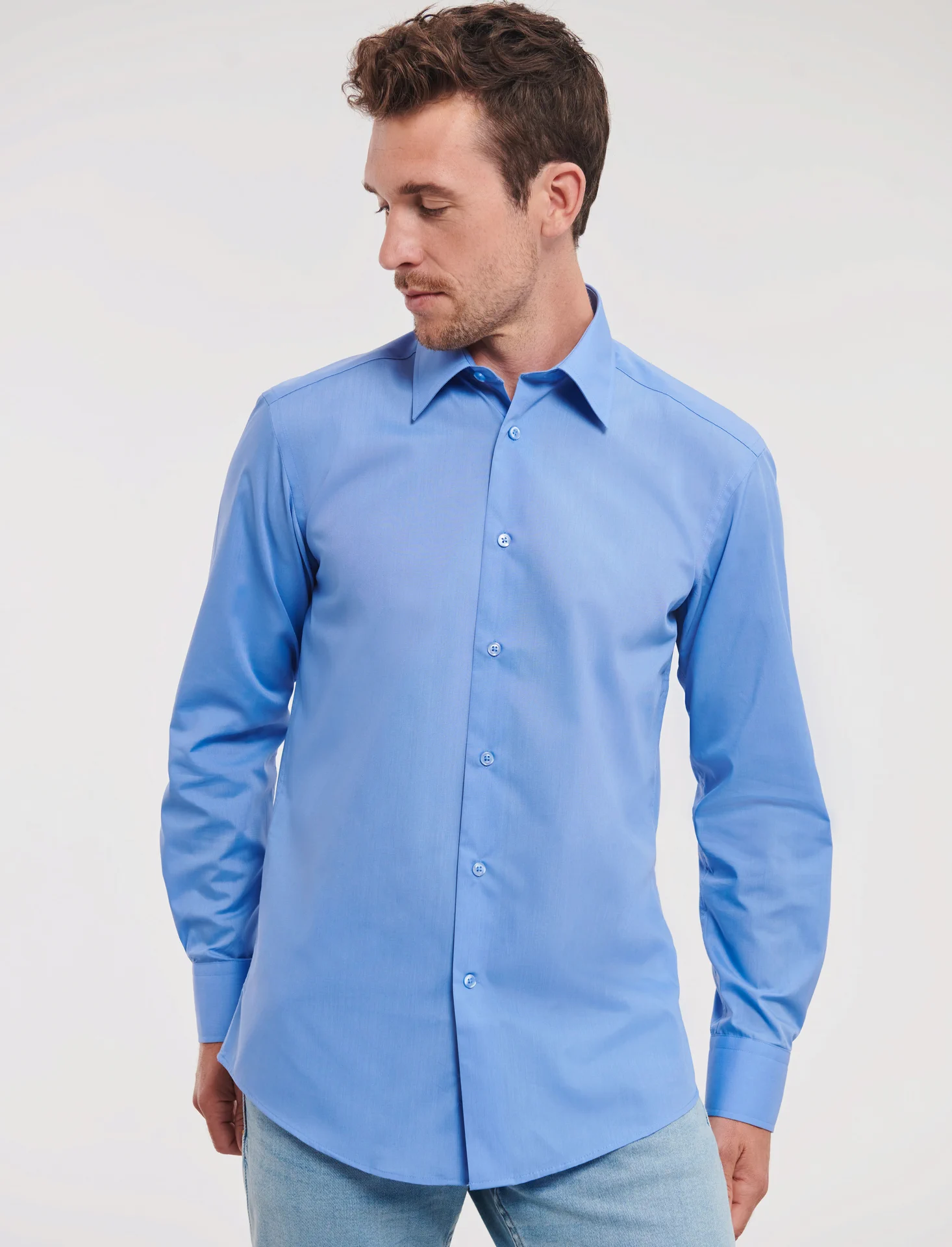 russell-r924m-mens-ls-poly-cotton-easy-care-tailored-poplin-shirt-corporateblue-model-1 Russell Men's Long Sleeve Polycotton Easy Care Tailored Poplin Shirt