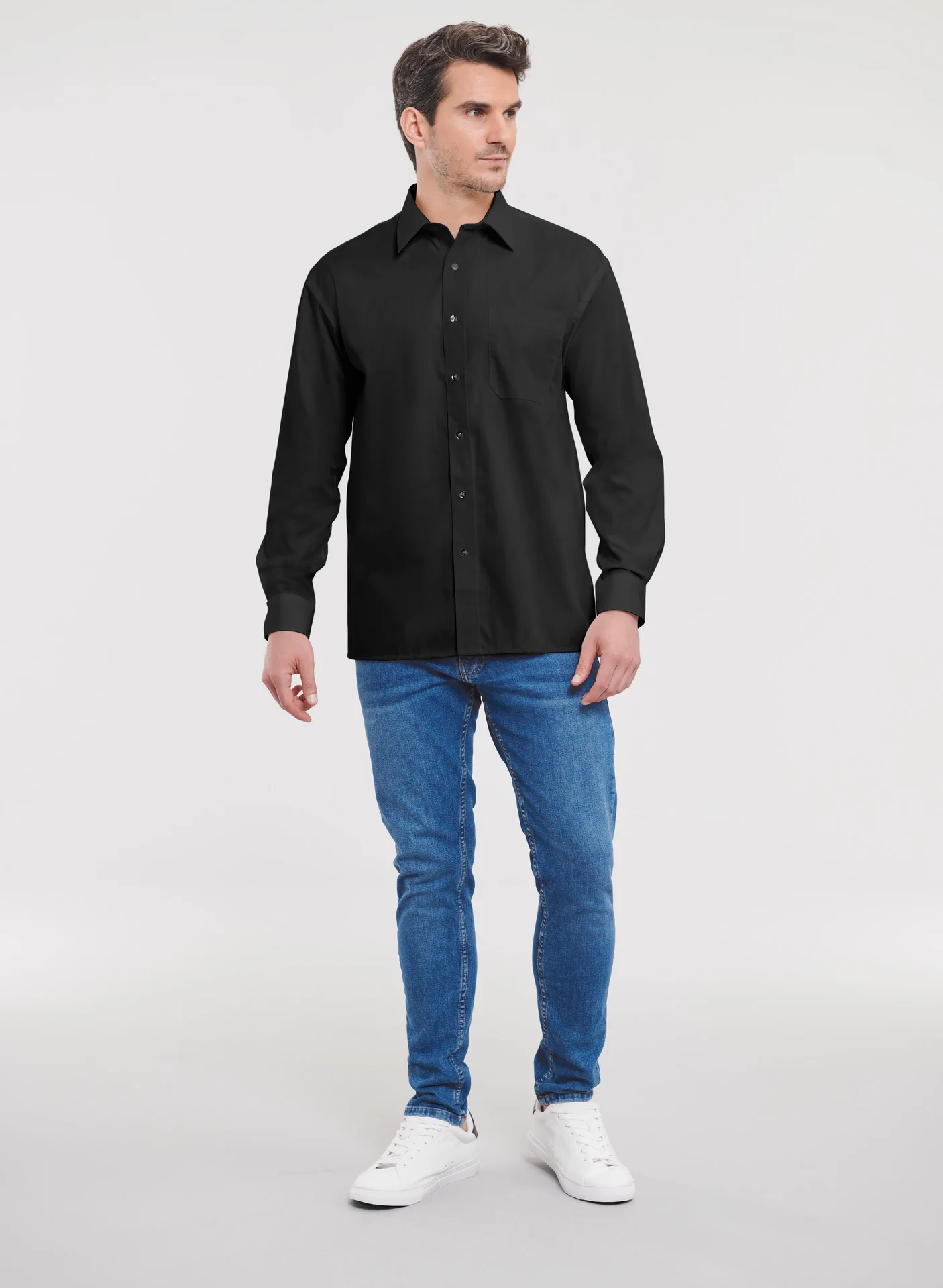 russell-r936m-mens-ls-pure-cotton-easy-care-poplin-shirt-black-model-2 Russell Men's Long Sleeve Pure Cotton Easy Care Poplin Shirt