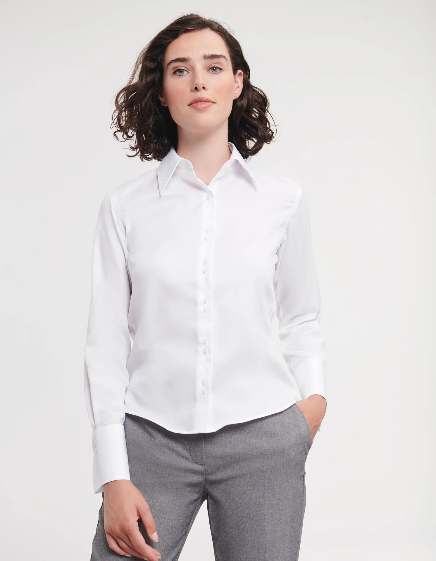 russell-r956f-ladies-ls-ultimate-non-iron-shirt-white-model-1 Russell Ladies Long Sleeve Ultimate Non-Iron Shirt