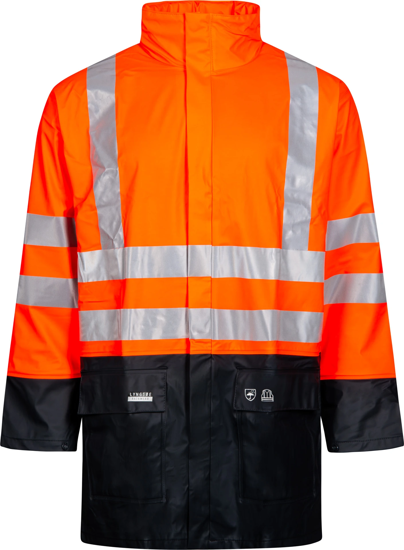 lyngsoe-lr3055-hi-vis-regenjacke-leuchtorange-navy-front-1 Lyngsøe LR3055 Hi-Vis Regenjacke