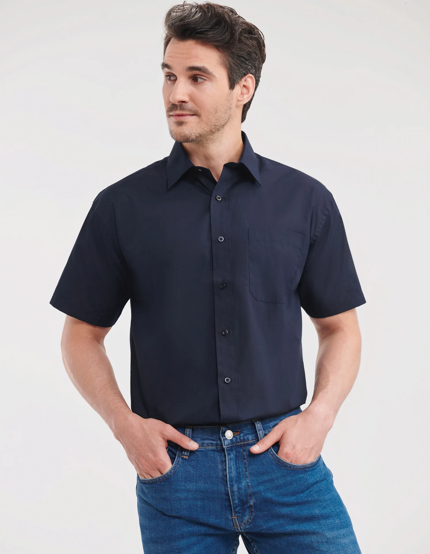 russell-r935m-mens-short-sleeve-poly-cotton-easy-care-poplin-shirt-frenchnavy-model-1 Russell Men's Short Sleeve Polycotton Easy Care Poplin Shirt