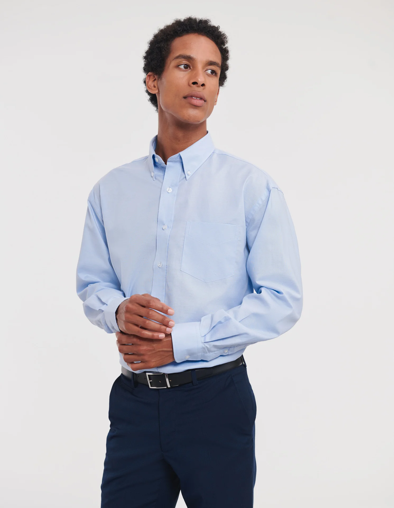 russell-r932m-mens-ls-easy-care-oxford-shirt-oxfordblue-model-1 Russell Men's Long Sleeve Easy Care Oxford Shirt