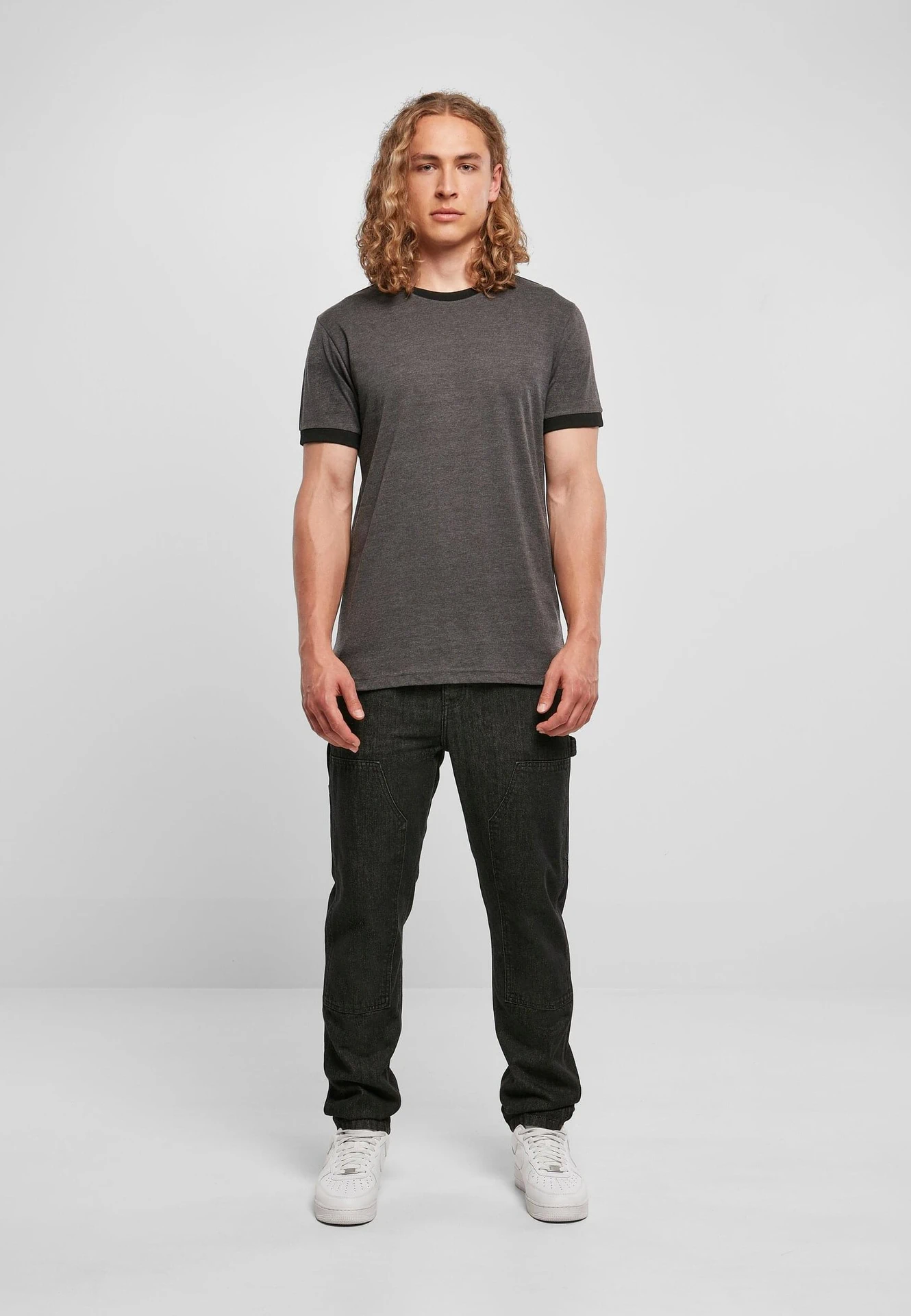 BYB-BB022-mens-ringer-t-shirt-charcoal-black-model-3 Build Your Brand Ringer Tee