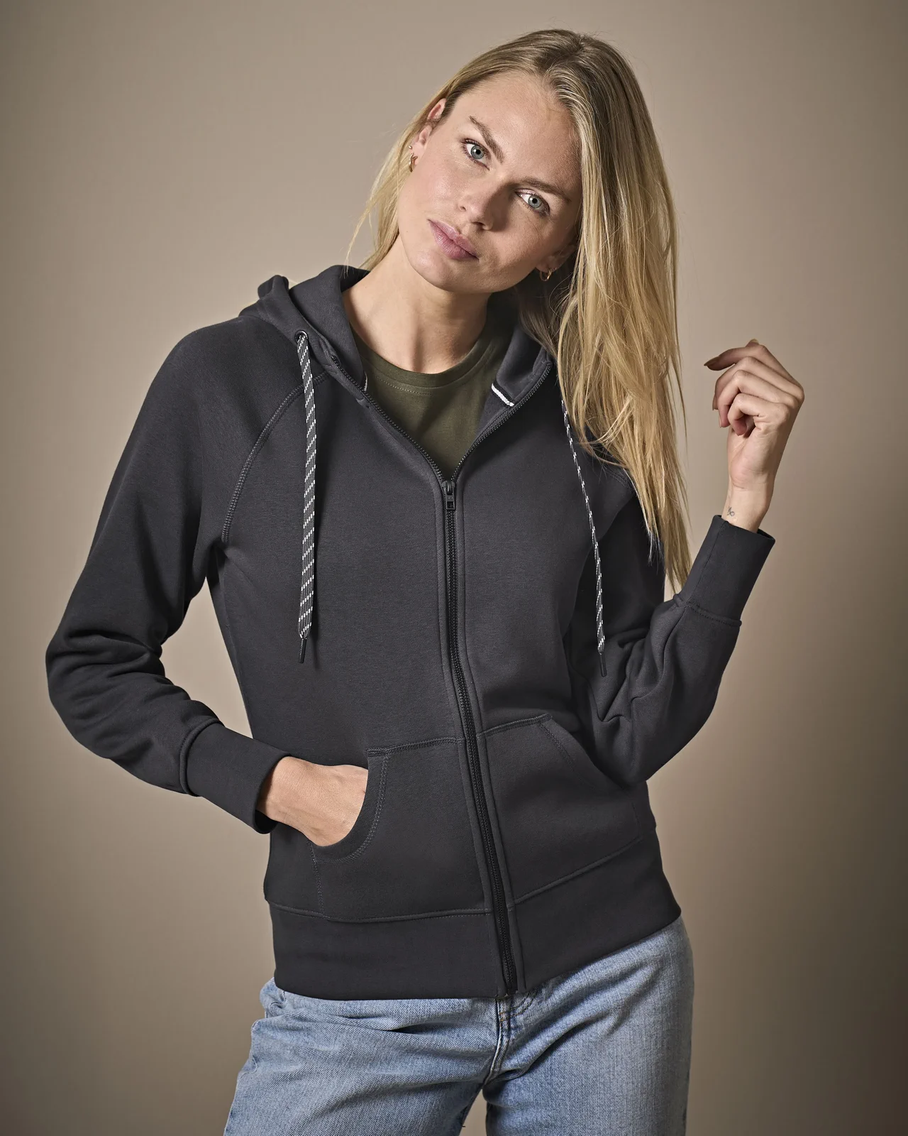 tee-jays-5436-womens-fashion-full-zip-hood-darkgrey-model-0 Tee Jays Ladies` Fashion Full Zip Hood