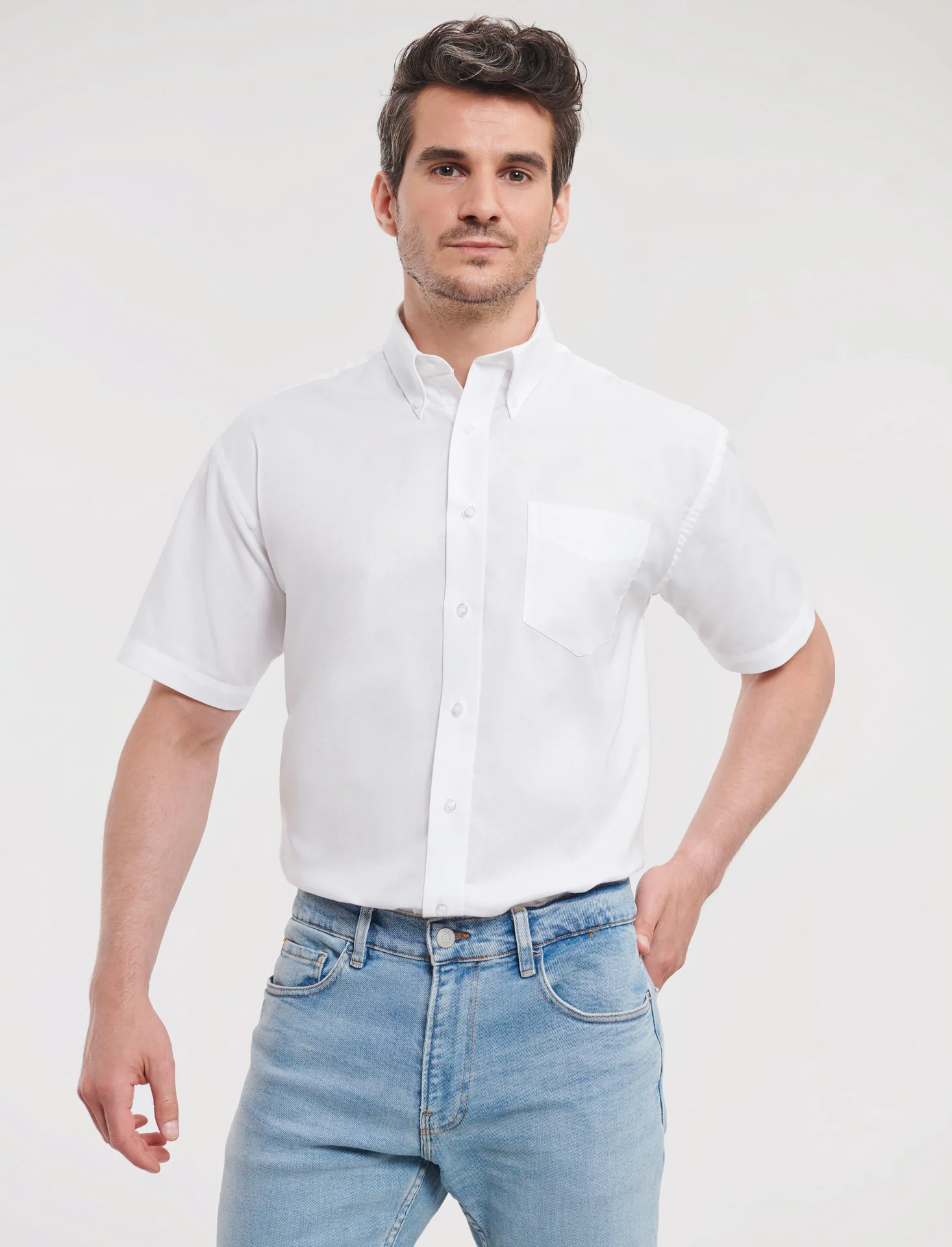 russell-r933m-mens-short-sleeve-easy-care-oxford-shirt-white-model-1 Russell Men's Short Sleeve Easy Care Oxford Shirt