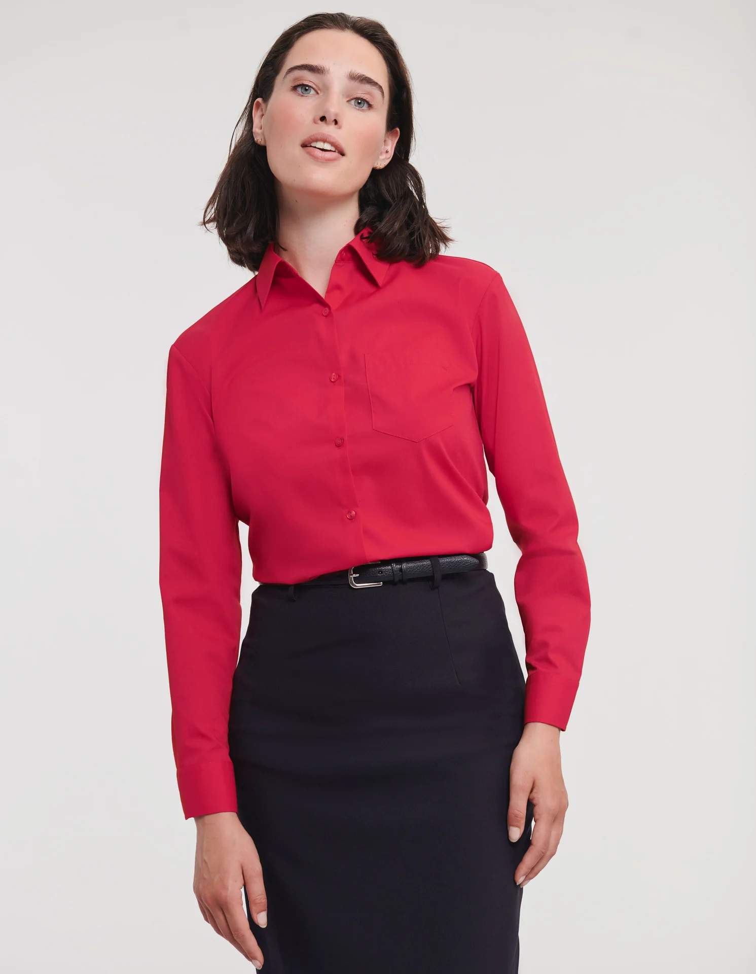 russell-r934f-ladies-ls-poly-cotton-easy-care-poplin-shirt-classicred-model-1 Russell Ladies Long Sleeve Polycotton Easy Care Poplin Shirt