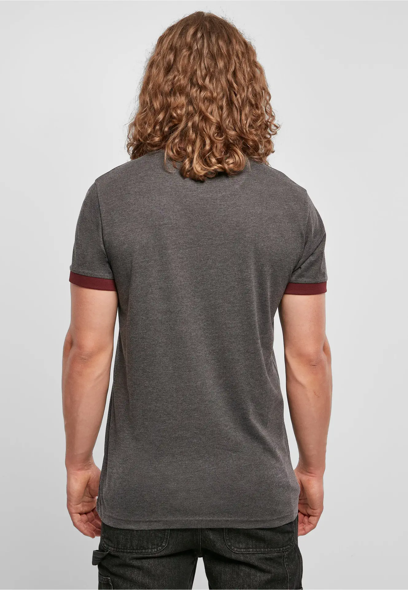 BYB-BB022-mens-ringer-t-shirt-charcoal-cherry-model-2 Build Your Brand Ringer Tee