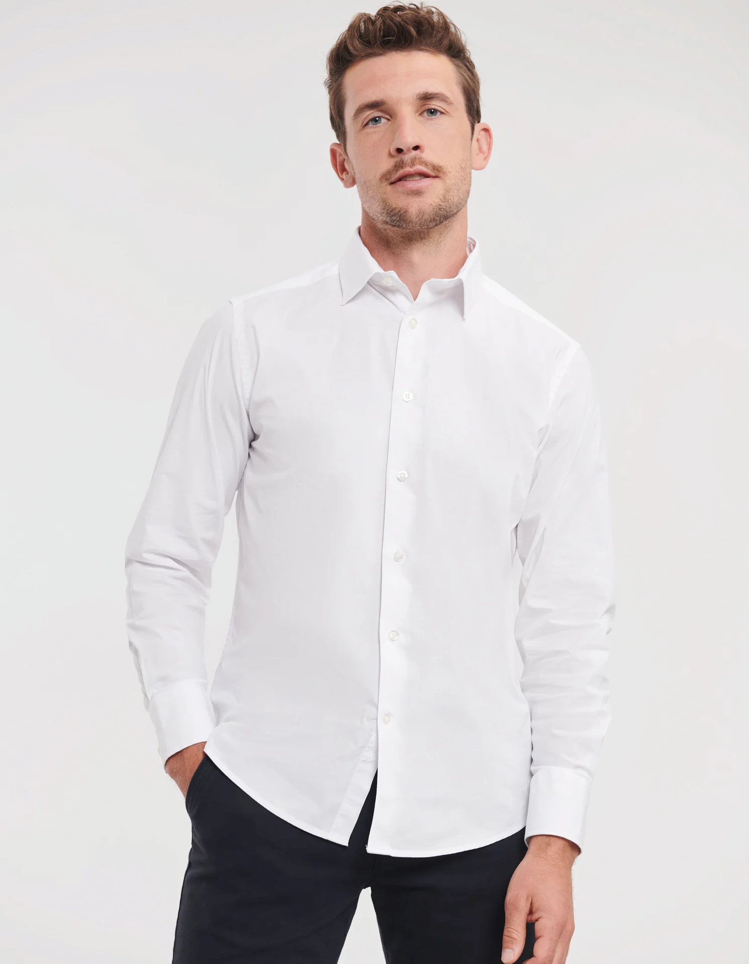russell-r946m-mens-ls-easy-care-fitted-shirt-white-model-1 Russell Men's Long Sleeve Easy Care Fitted Shirt