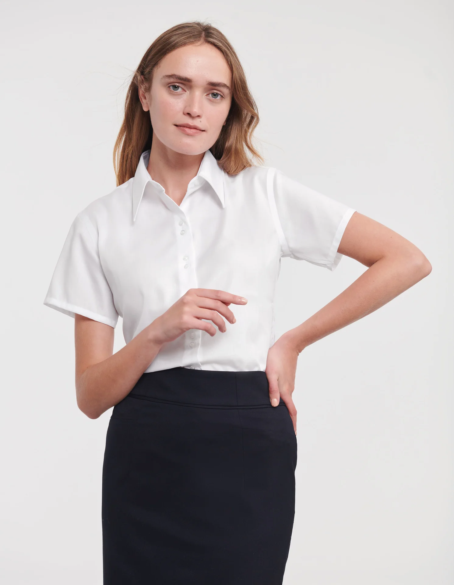russell-r957f-ladies-short-sleeve-ultimate-non-iron-shirt-white-model-1 Russell Ladies Short Sleeve Ultimate Non-Iron Shirt