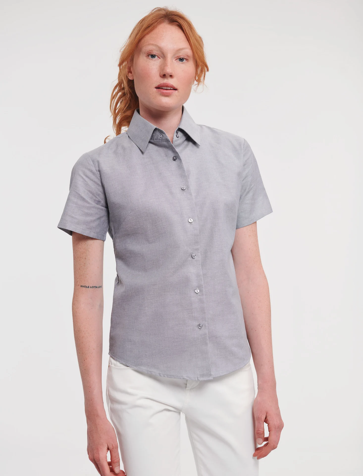russell-r933f-ladies-short-sleeve-easy-care-oxford-shirt-silver-model-1 Russell Ladies Short Sleeve Easy Care Oxford Shirt