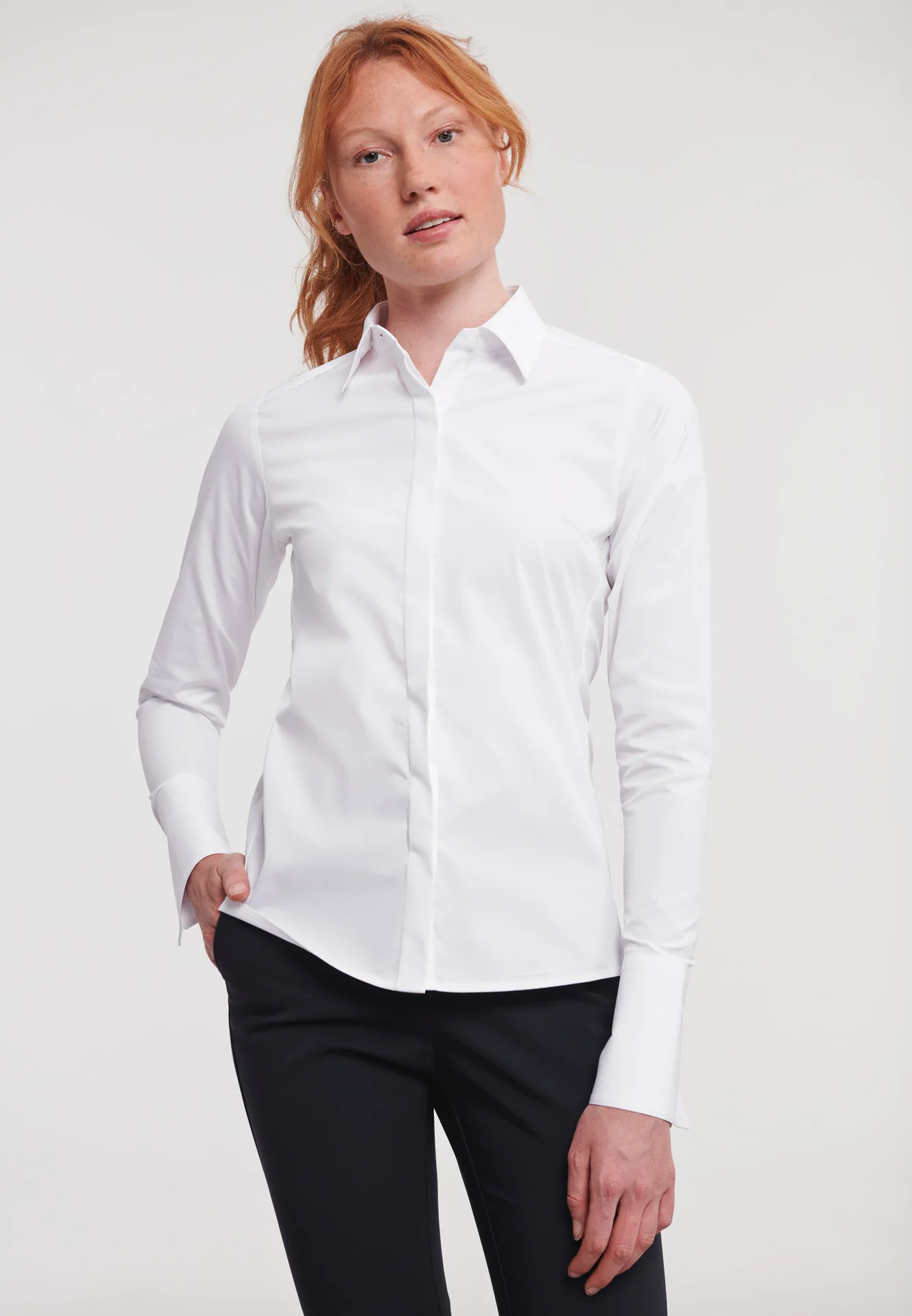russell-r960f-ladies-ls-ultimate-stretch-shirt-white-model-1 Russell Ladies Long Sleeve Ultimate Stretch Shirt