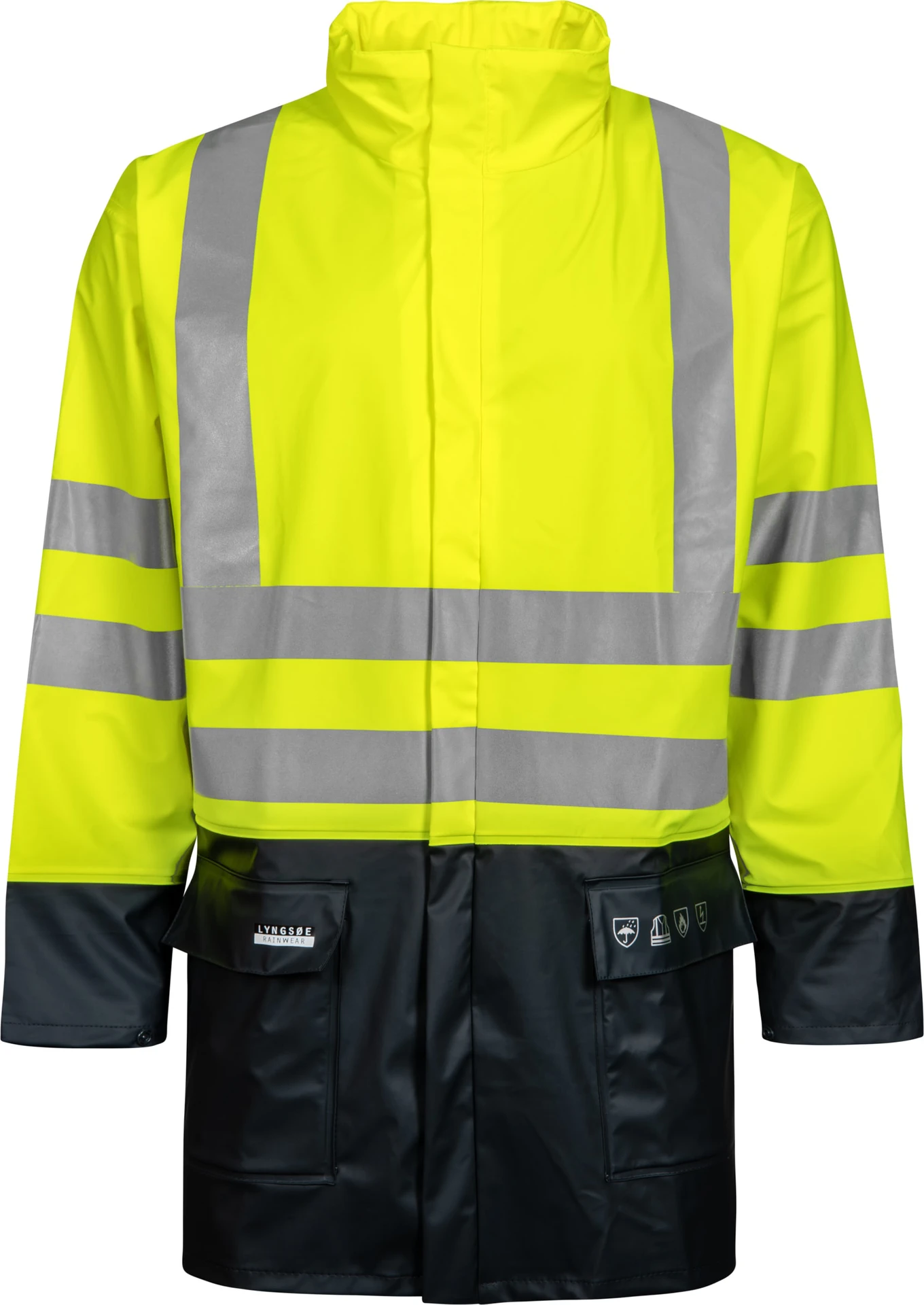 lyngsoe-fr-lr3055-flammhemmende-hi-vis-regenjacke-leuchtgelb-navy-front-1 Lyngsøe FR-LR3055 Flammhemmende Hi-Vis Regenjacke