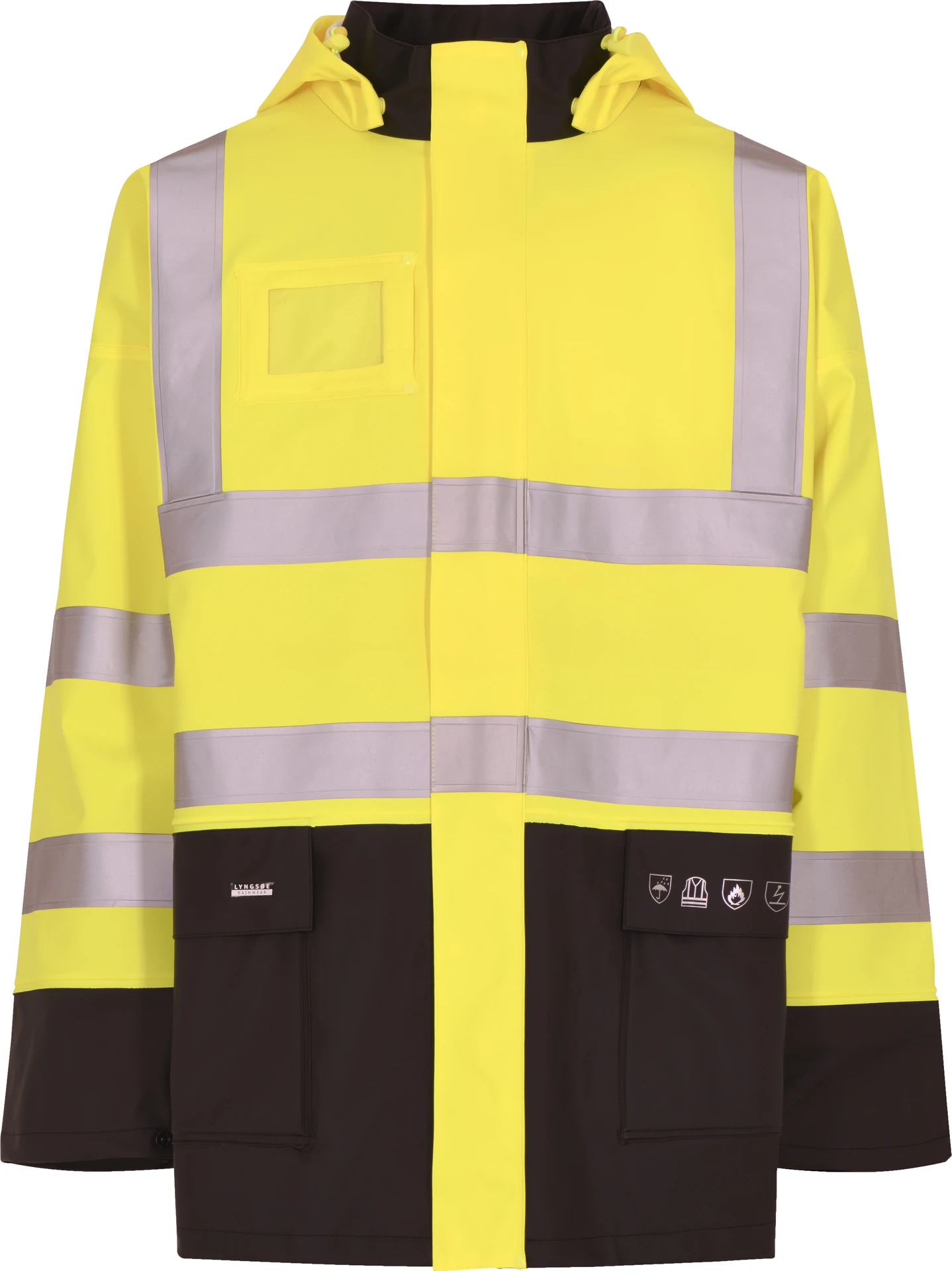 lyngsoe-fr-lr5025-flammhemmende-hi-vis-regenjacke-damen-leuchtgelb-navy-front-1 Lyngsøe FR-LR5025 Damen Flammhemmende Hi-Vis Regenjacke