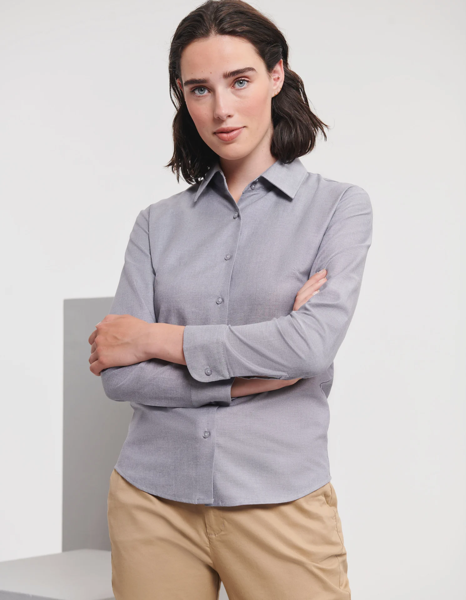 russell-r932f-ladies-ls-easy-care-oxford-shirt-silver-model-1 Russell Ladies Long Sleeve Easy Care Oxford Shirt